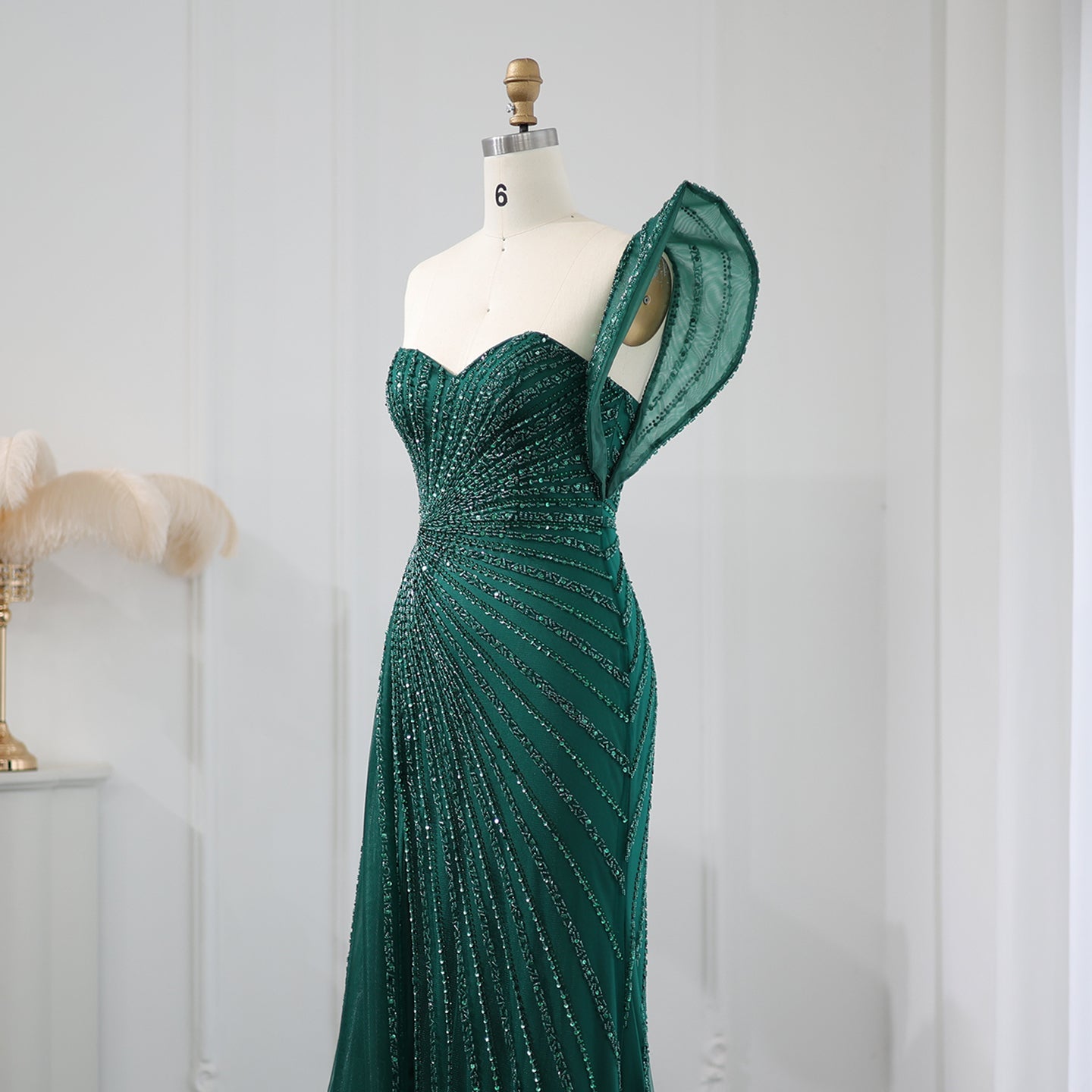 Glamorous Emerald Green One-Shoulder Beaded Mermaid Evening Dress with High Slit SS201 Sheer Fairy
