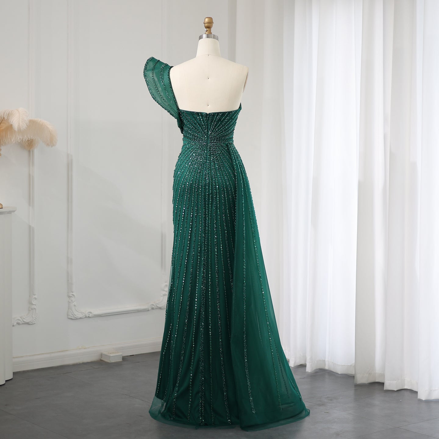 Glamorous Emerald Green One-Shoulder Beaded Mermaid Evening Dress with High Slit SS201 Sheer Fairy