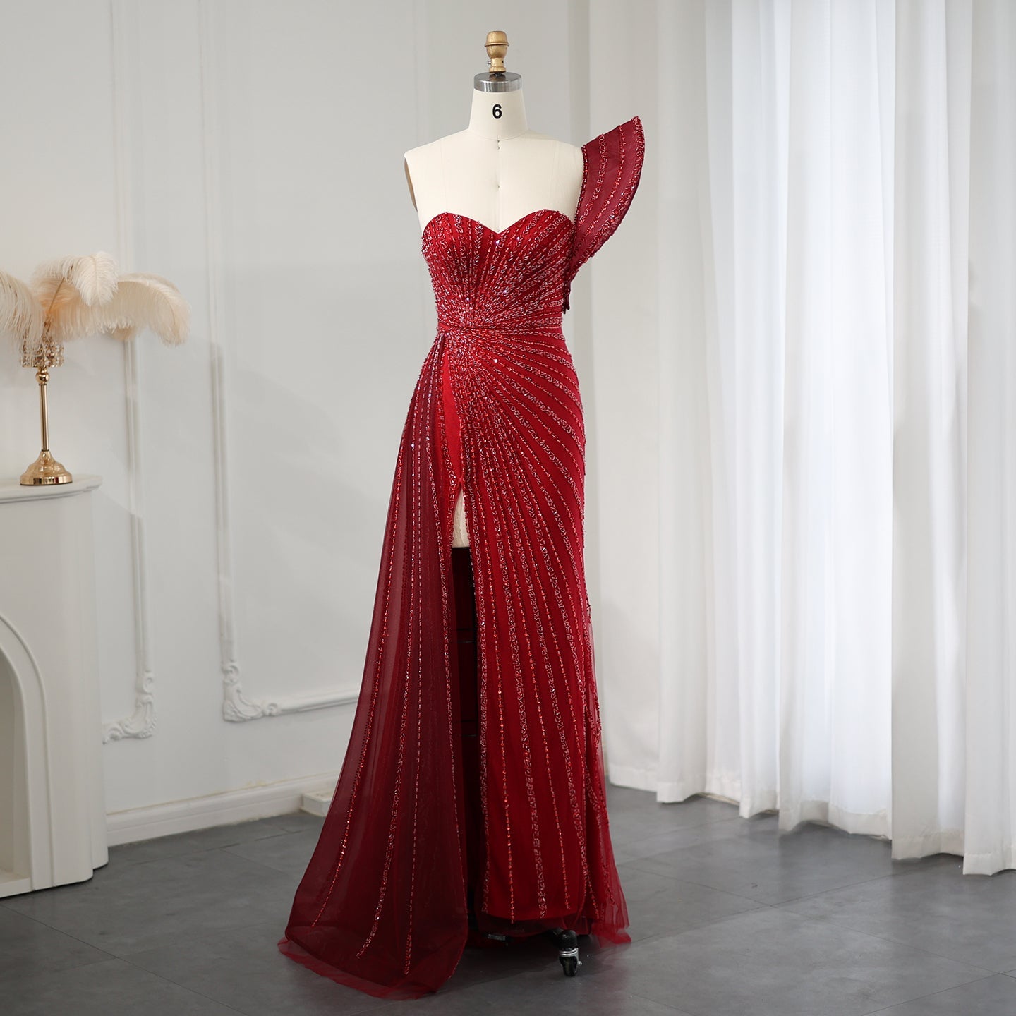 Glamorous Emerald Green One-Shoulder Beaded Mermaid Evening Dress with High Slit SS201 Sheer Fairy