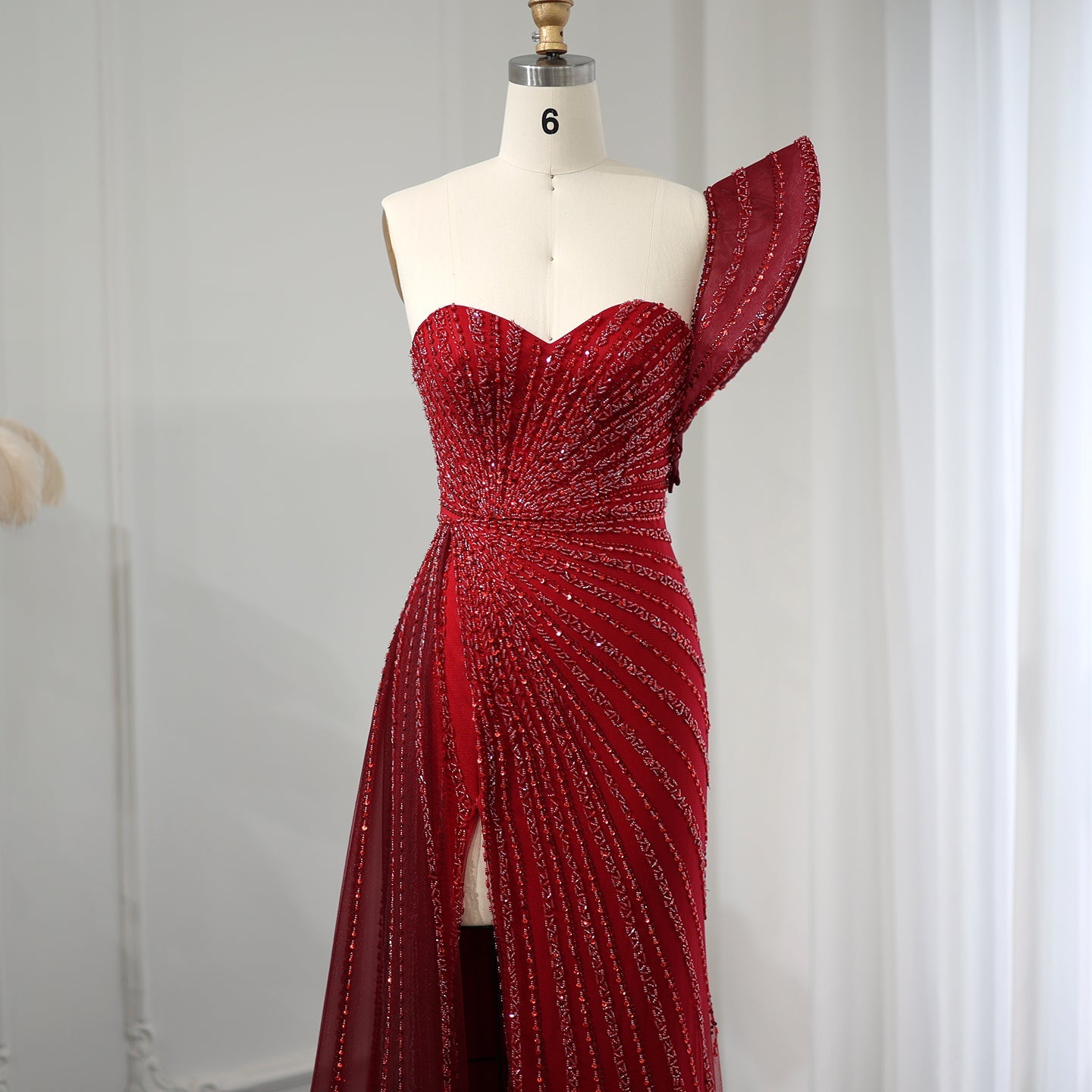 Glamorous Emerald Green One-Shoulder Beaded Mermaid Evening Dress with High Slit SS201 Sheer Fairy