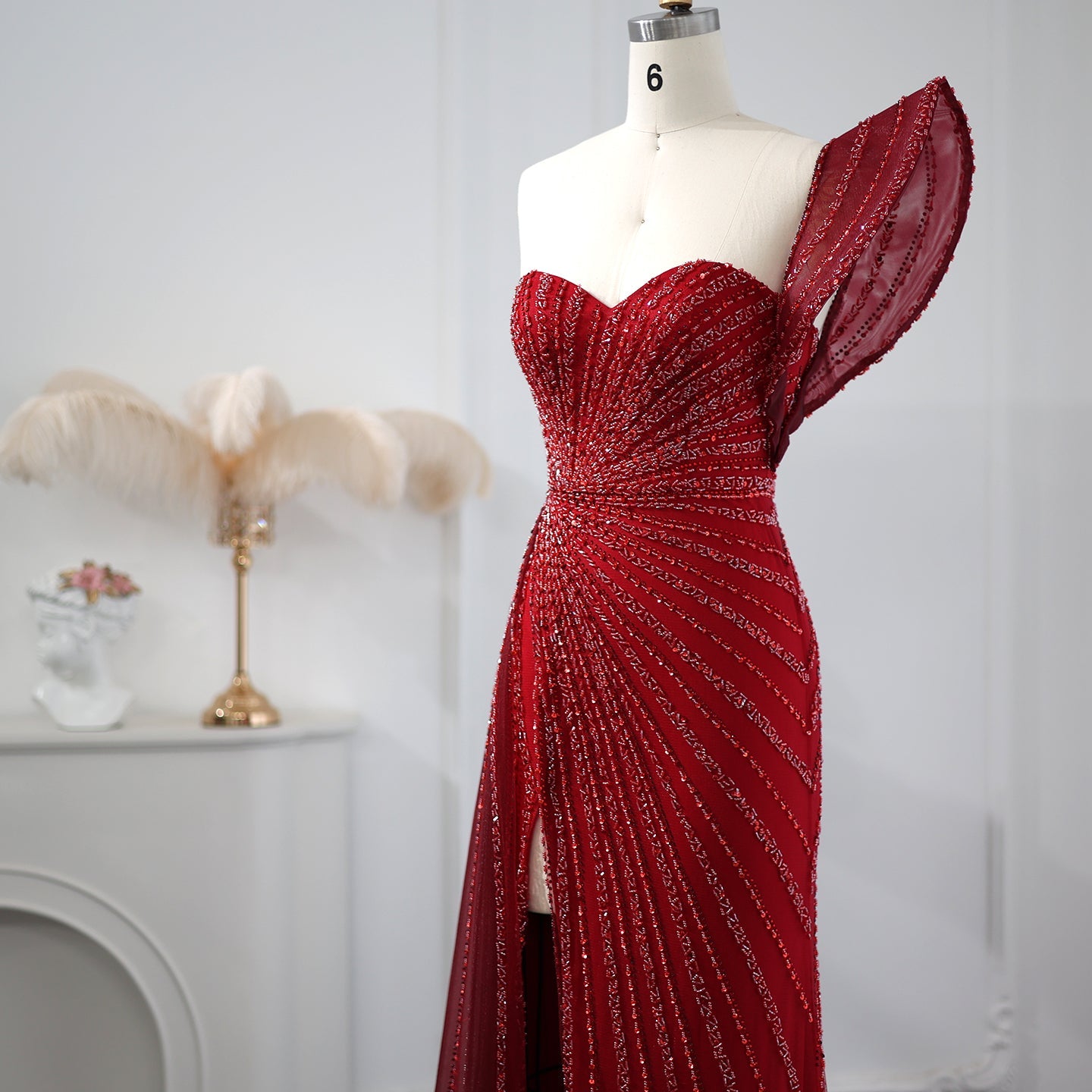 Glamorous Emerald Green One-Shoulder Beaded Mermaid Evening Dress with High Slit SS201 Sheer Fairy