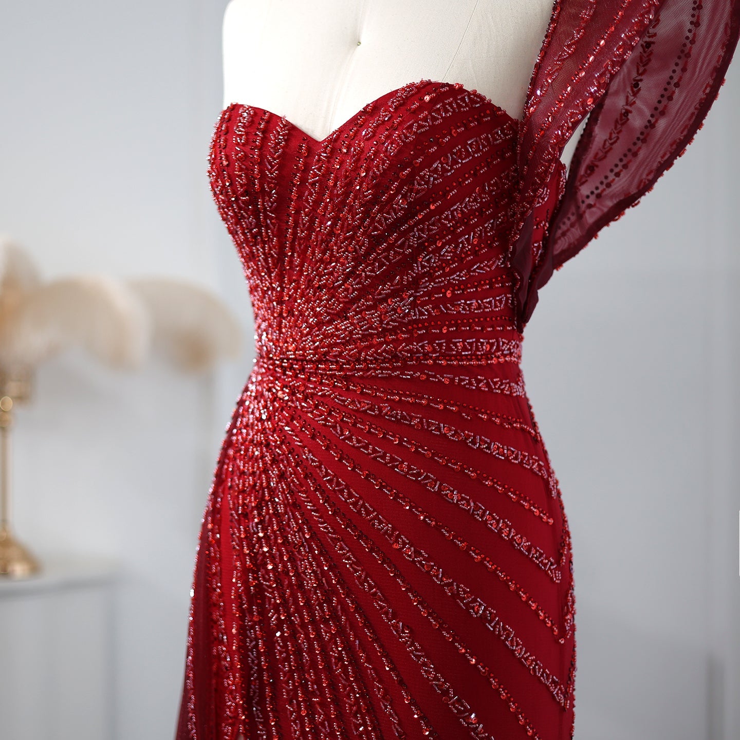 Glamorous Emerald Green One-Shoulder Beaded Mermaid Evening Dress with High Slit SS201 Sheer Fairy
