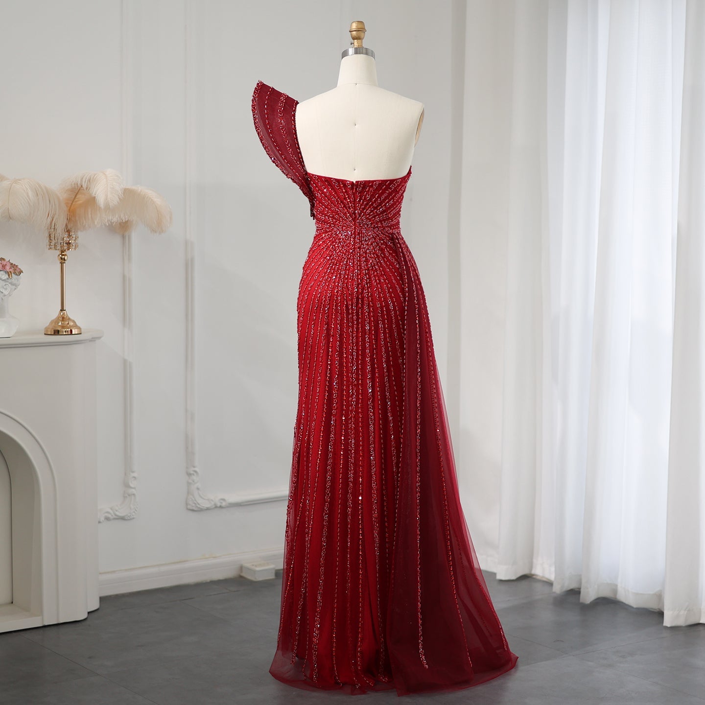Glamorous Emerald Green One-Shoulder Beaded Mermaid Evening Dress with High Slit SS201 Sheer Fairy