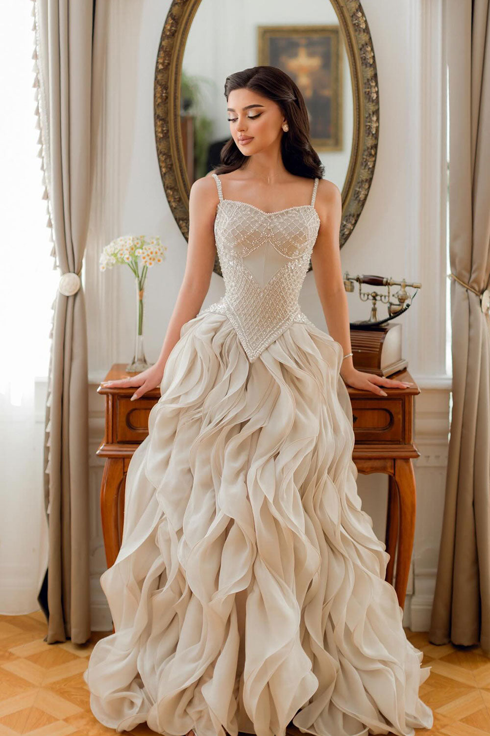 Beige Beaded Corset Evening Dress with Cascading Ruffle Skirt SS257 Sheer Fairy