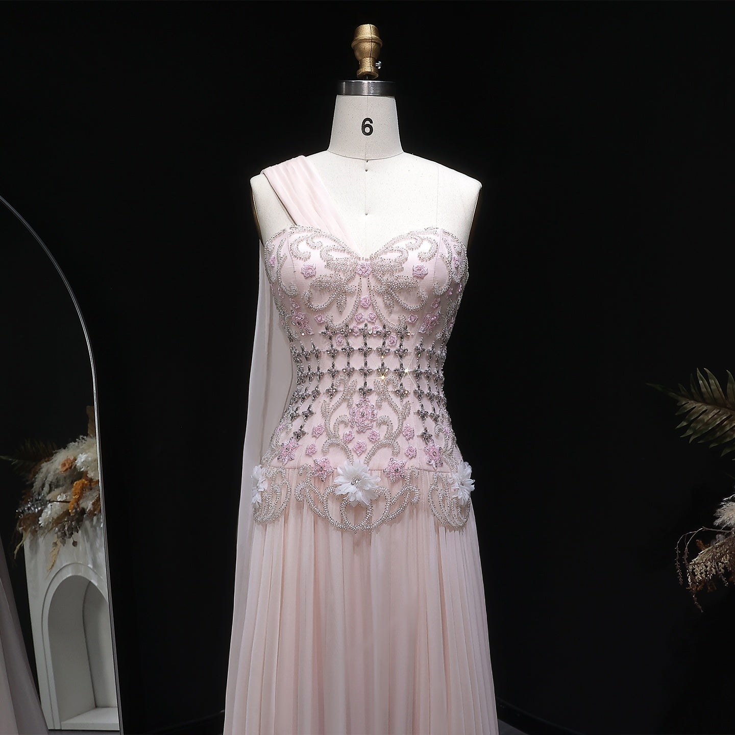 Blush Pink One-Shoulder Beaded Chiffon Evening Dress Gown SS285 Sheer Fairy