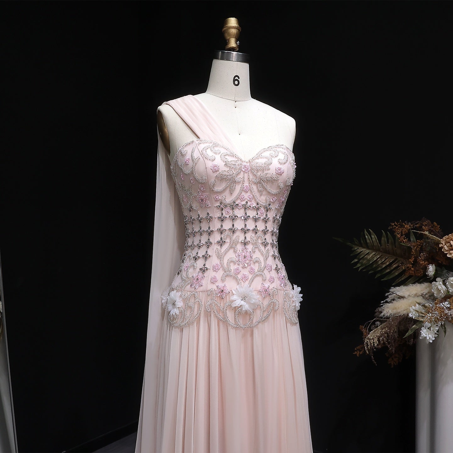 Blush Pink One-Shoulder Beaded Chiffon Evening Dress Gown SS285 Sheer Fairy