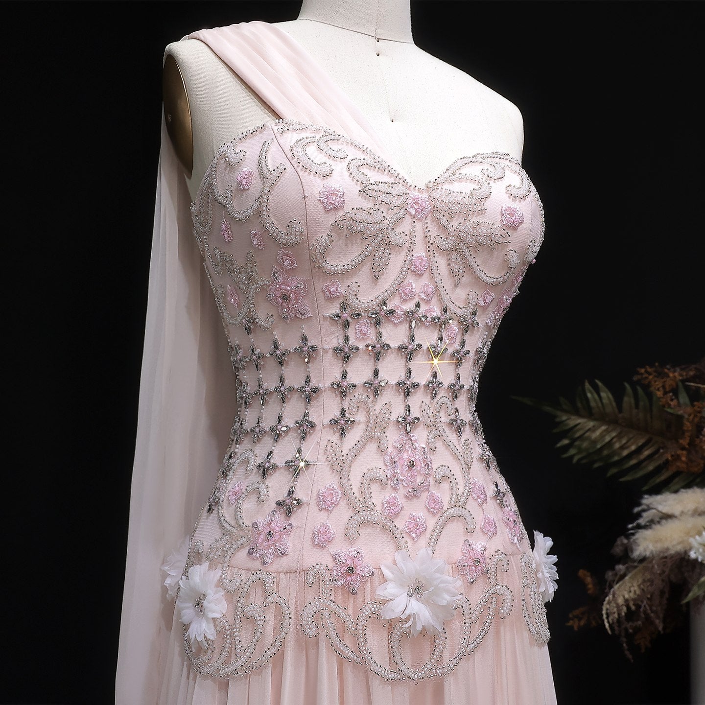 Blush Pink One-Shoulder Beaded Chiffon Evening Dress Gown SS285 Sheer Fairy