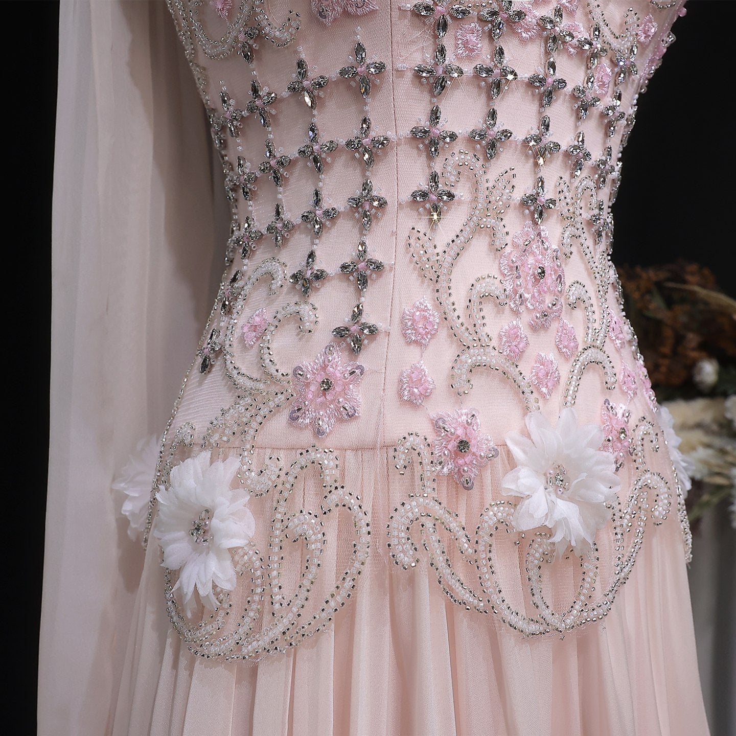 Blush Pink One-Shoulder Beaded Chiffon Evening Dress Gown SS285 Sheer Fairy