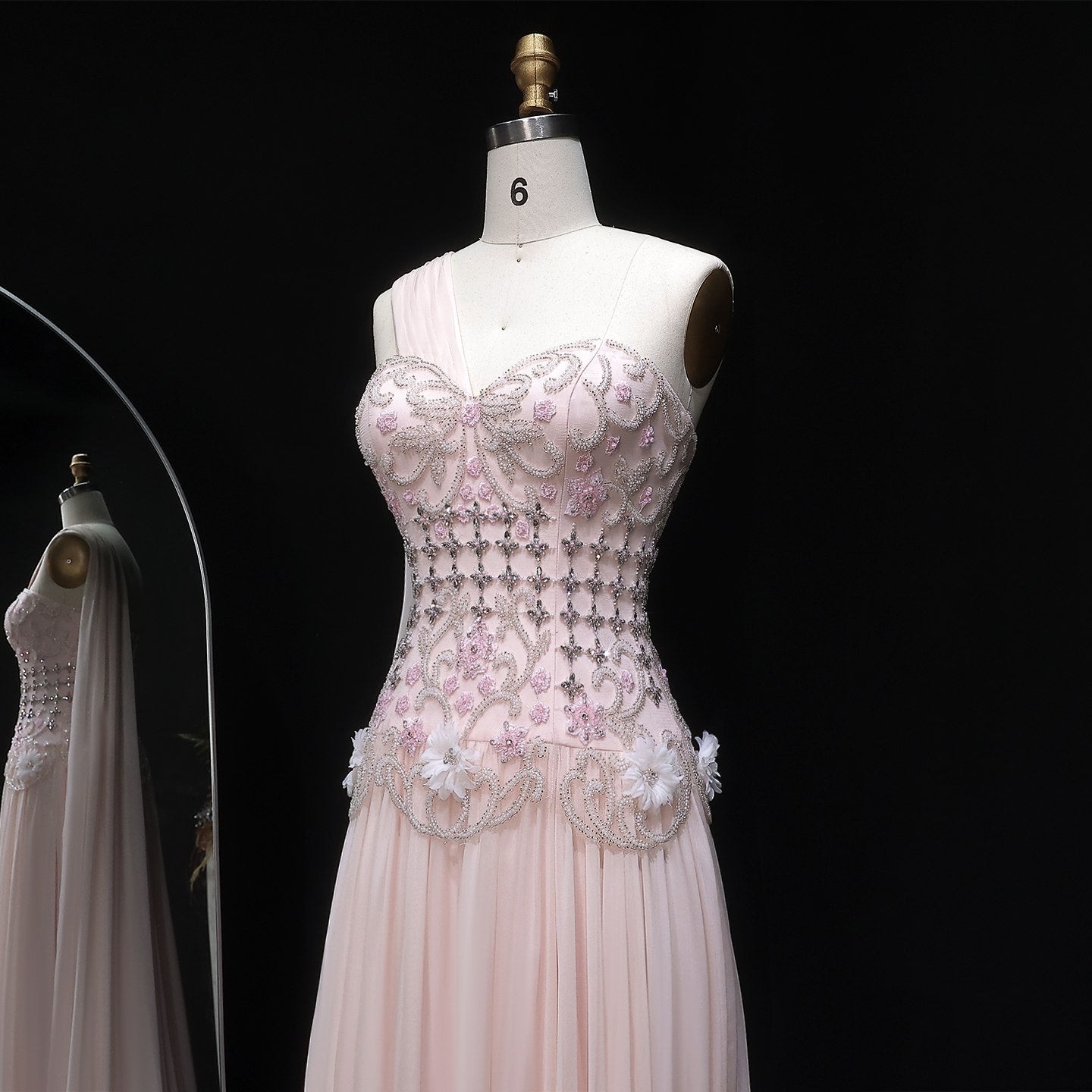 Blush Pink One-Shoulder Beaded Chiffon Evening Dress Gown SS285 Sheer Fairy