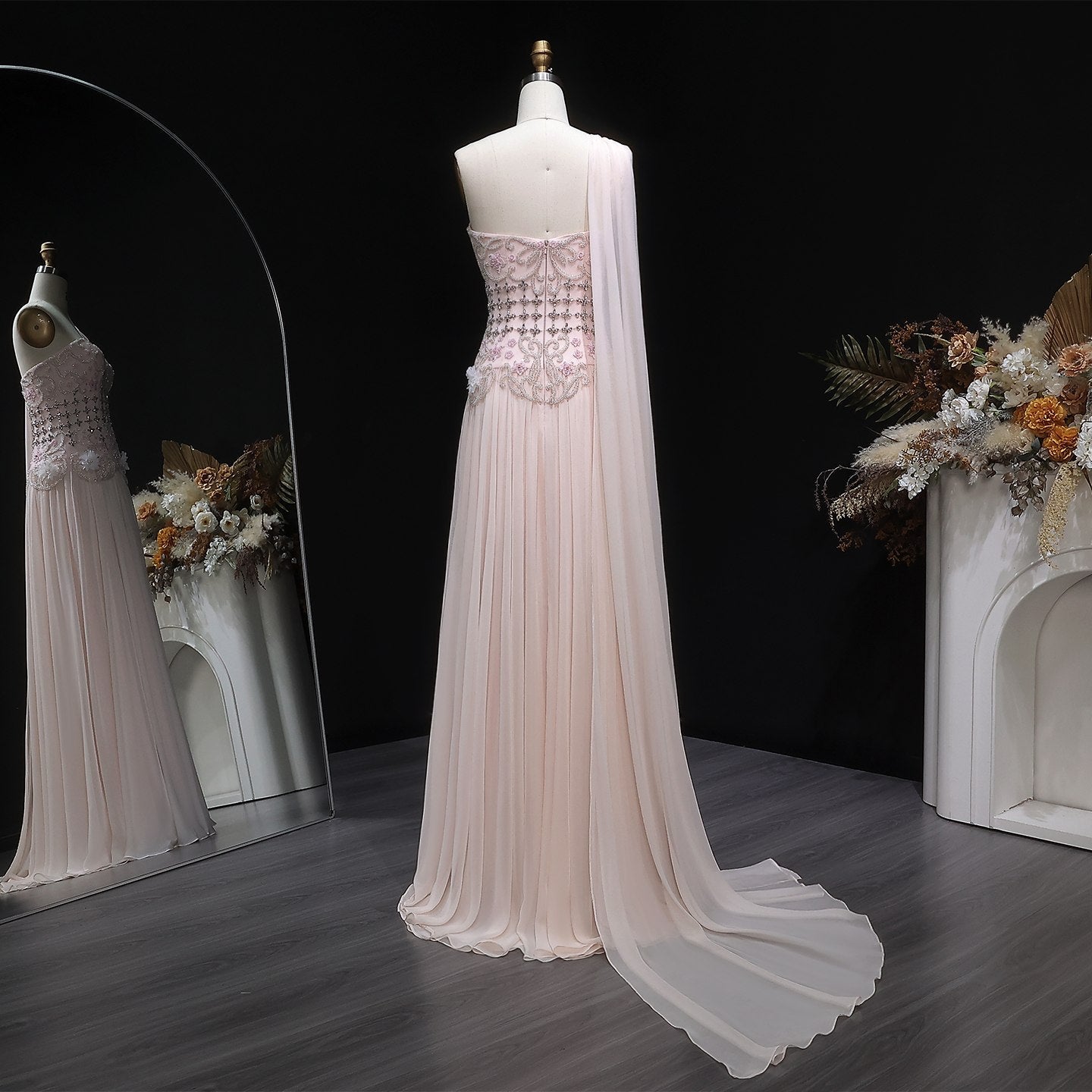 Blush Pink One-Shoulder Beaded Chiffon Evening Dress Gown SS285 Sheer Fairy