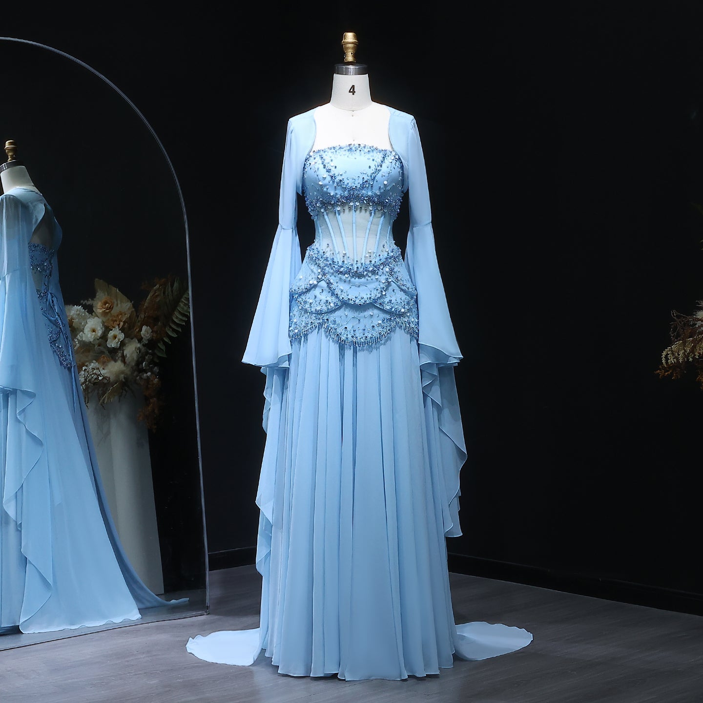 Luxury Blue Beaded Formal Evening Gown with Bell Sleeves SS286 Sheer Fairy