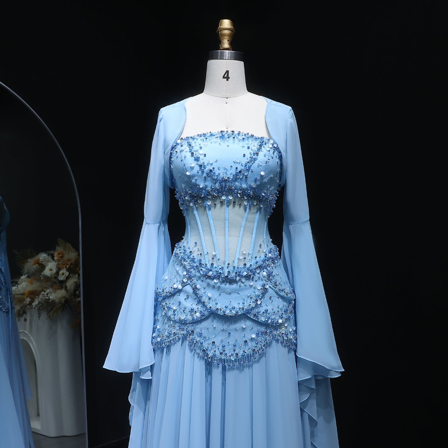 Luxury Blue Beaded Formal Evening Gown with Bell Sleeves SS286 Sheer Fairy
