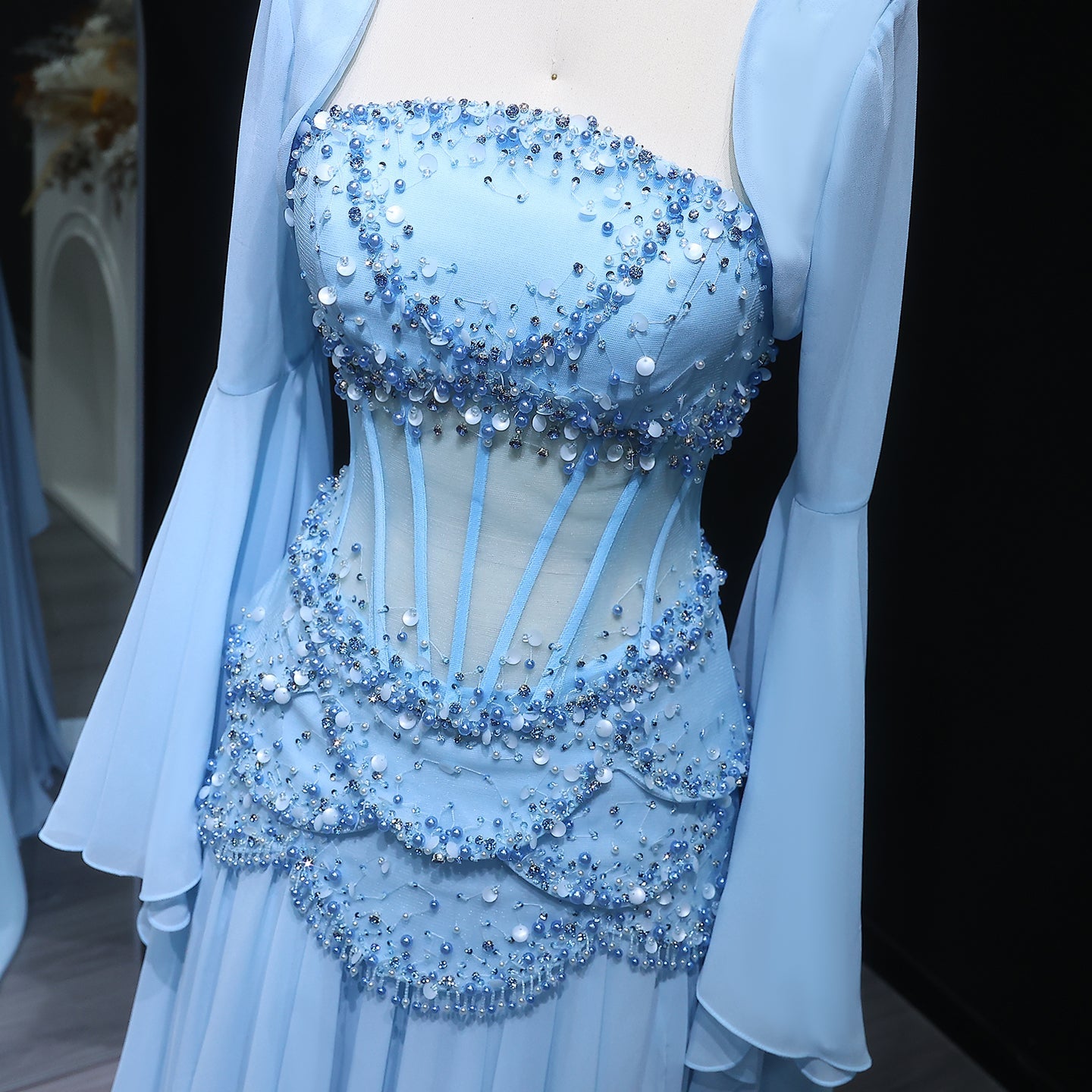 Luxury Blue Beaded Formal Evening Gown with Bell Sleeves SS286 Sheer Fairy