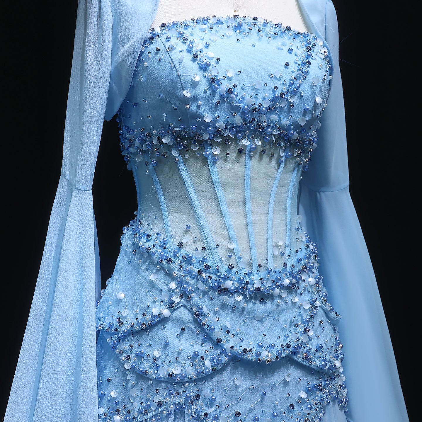 Luxury Blue Beaded Formal Evening Gown with Bell Sleeves SS286 Sheer Fairy