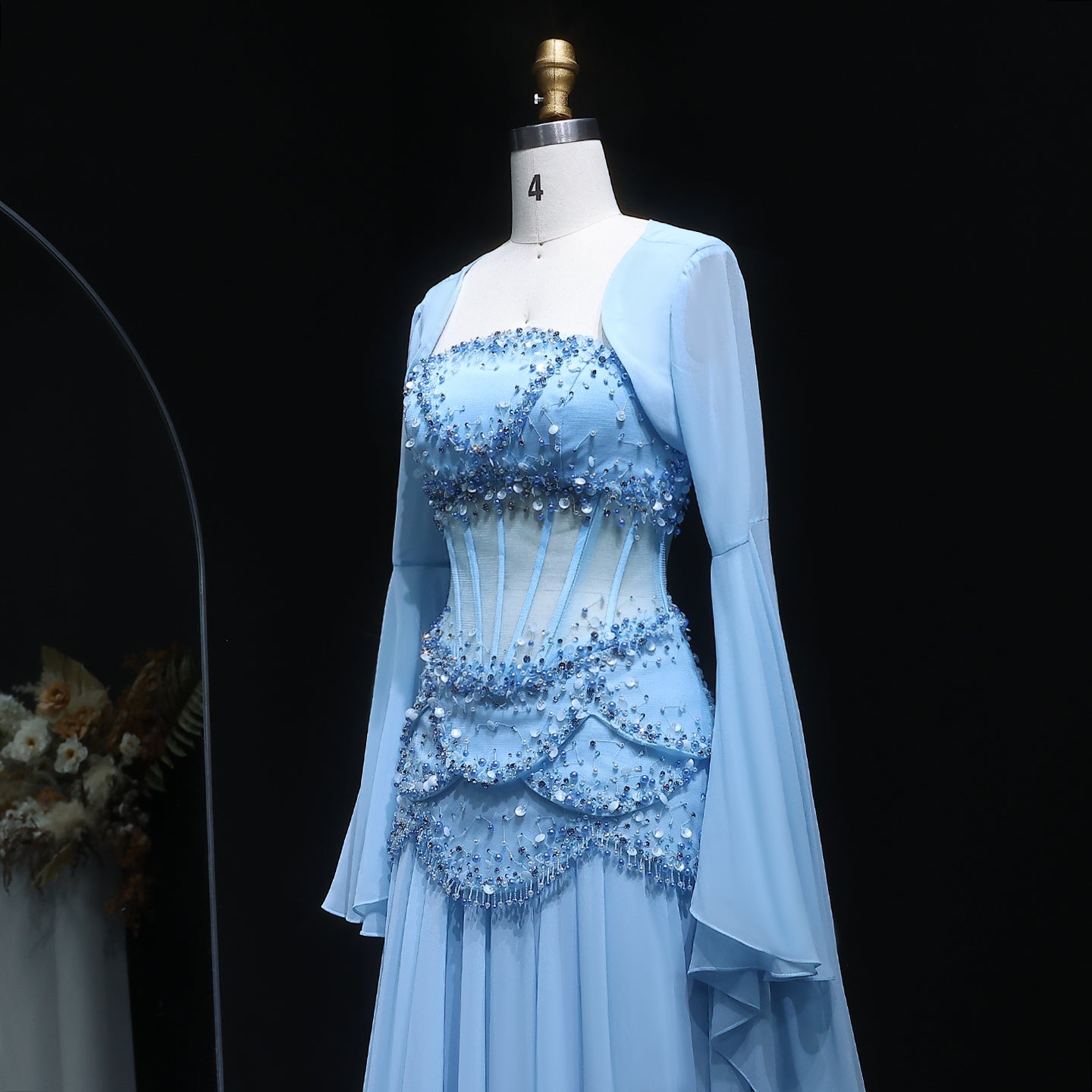 Luxury Blue Beaded Formal Evening Gown with Bell Sleeves SS286 Sheer Fairy