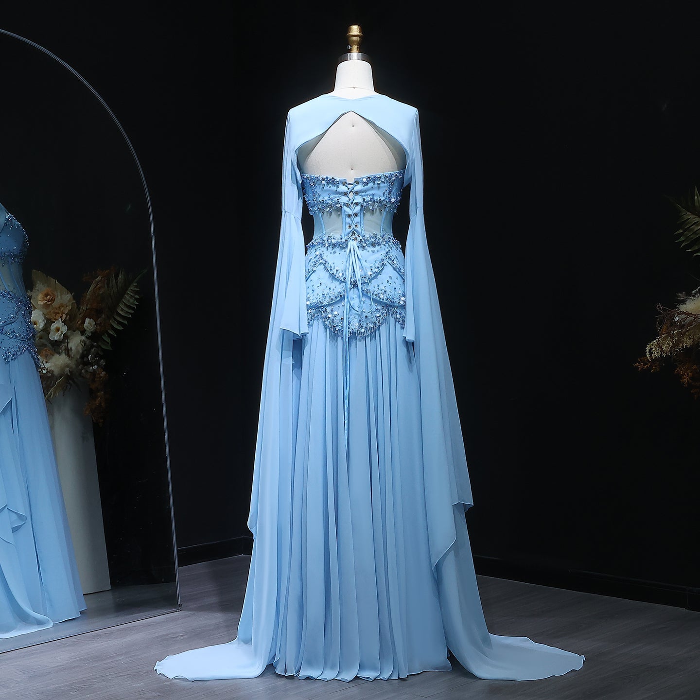 Luxury Blue Beaded Formal Evening Gown with Bell Sleeves SS286 Sheer Fairy