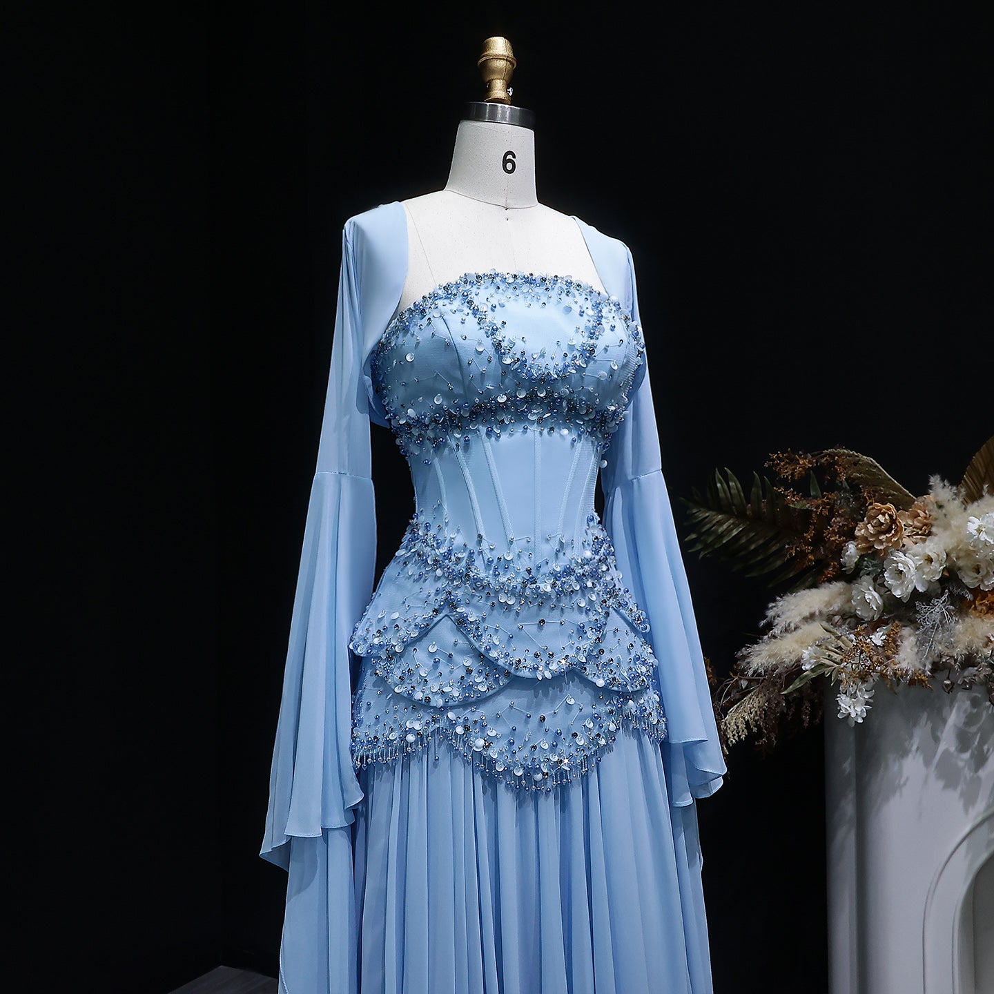 Luxury Blue Beaded Formal Evening Gown with Bell Sleeves SS286 Sheer Fairy