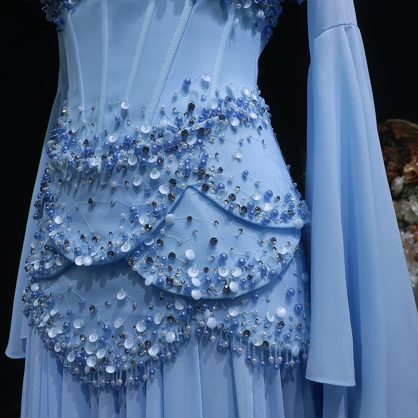 Luxury Blue Beaded Formal Evening Gown with Bell Sleeves SS286 Sheer Fairy