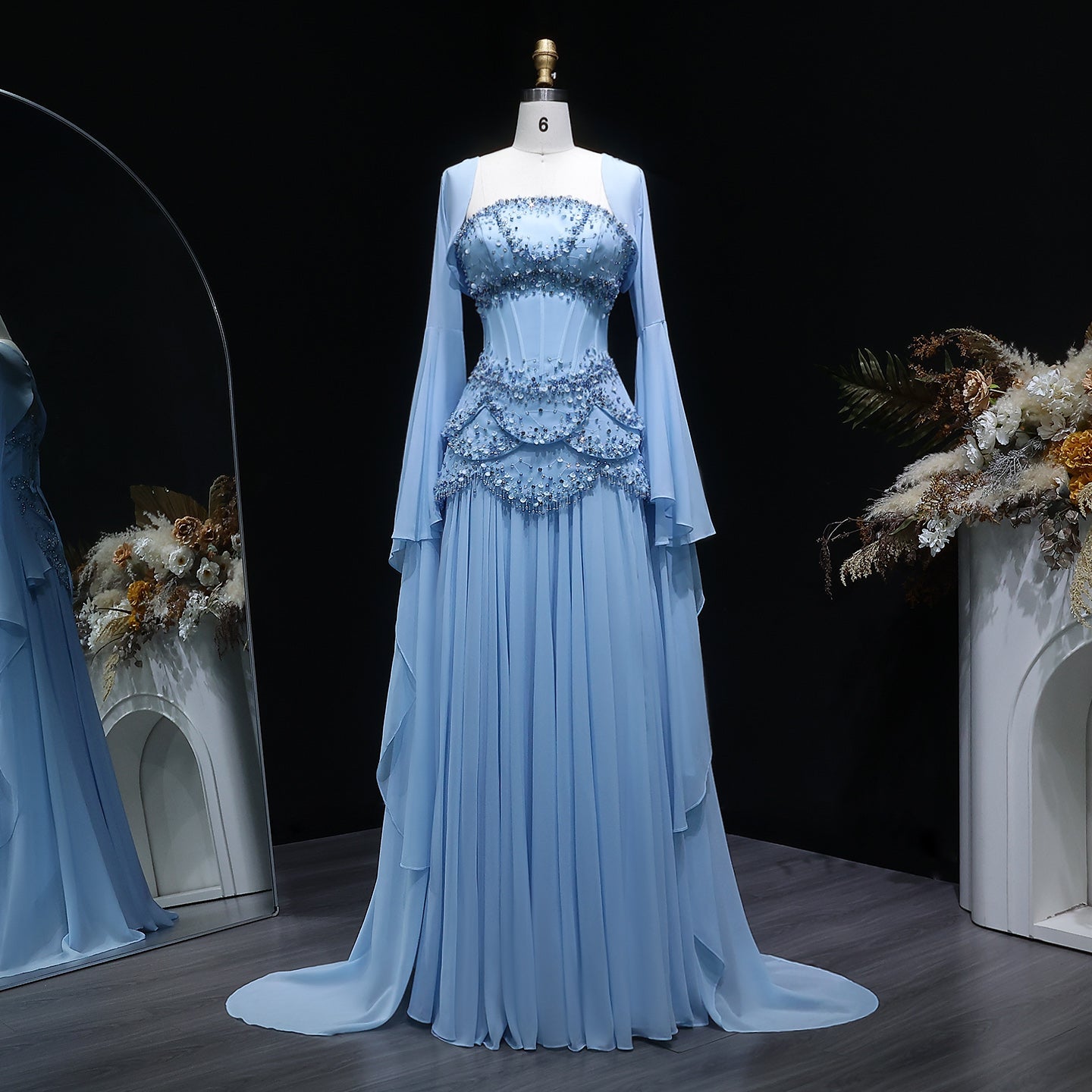 Luxury Sky Blue Beaded Formal Evening Gown with Bell Sleeves SS286 Sheer Fairy