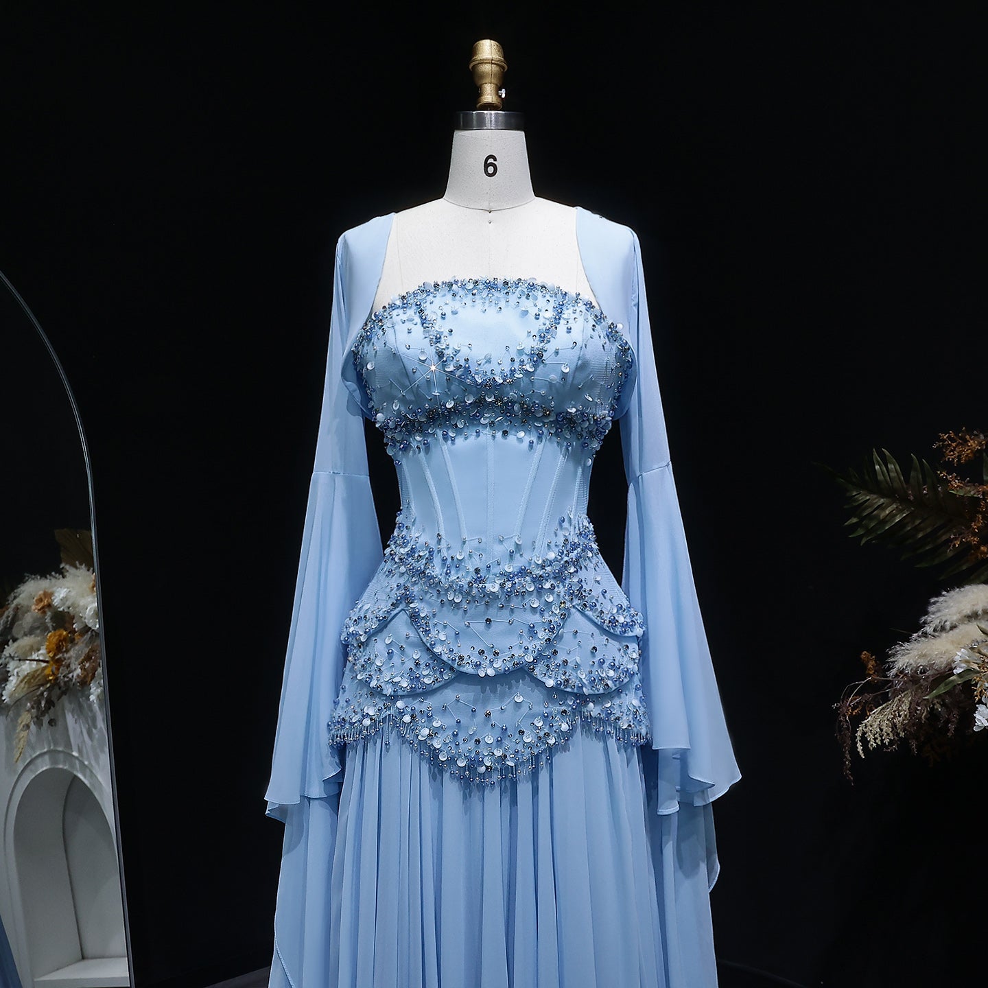 Luxury Sky Blue Beaded Formal Evening Gown with Bell Sleeves SS286 Sheer Fairy