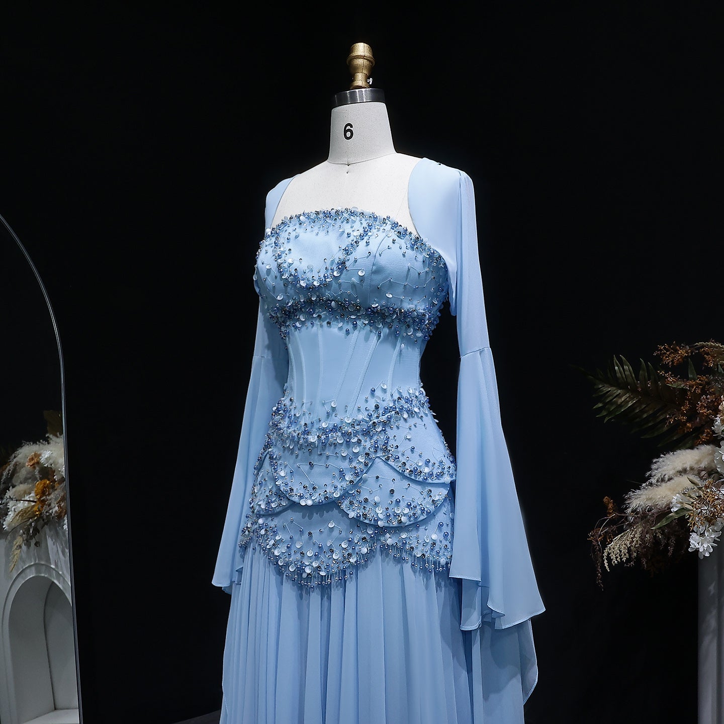 Luxury Sky Blue Beaded Formal Evening Gown with Bell Sleeves SS286 Sheer Fairy