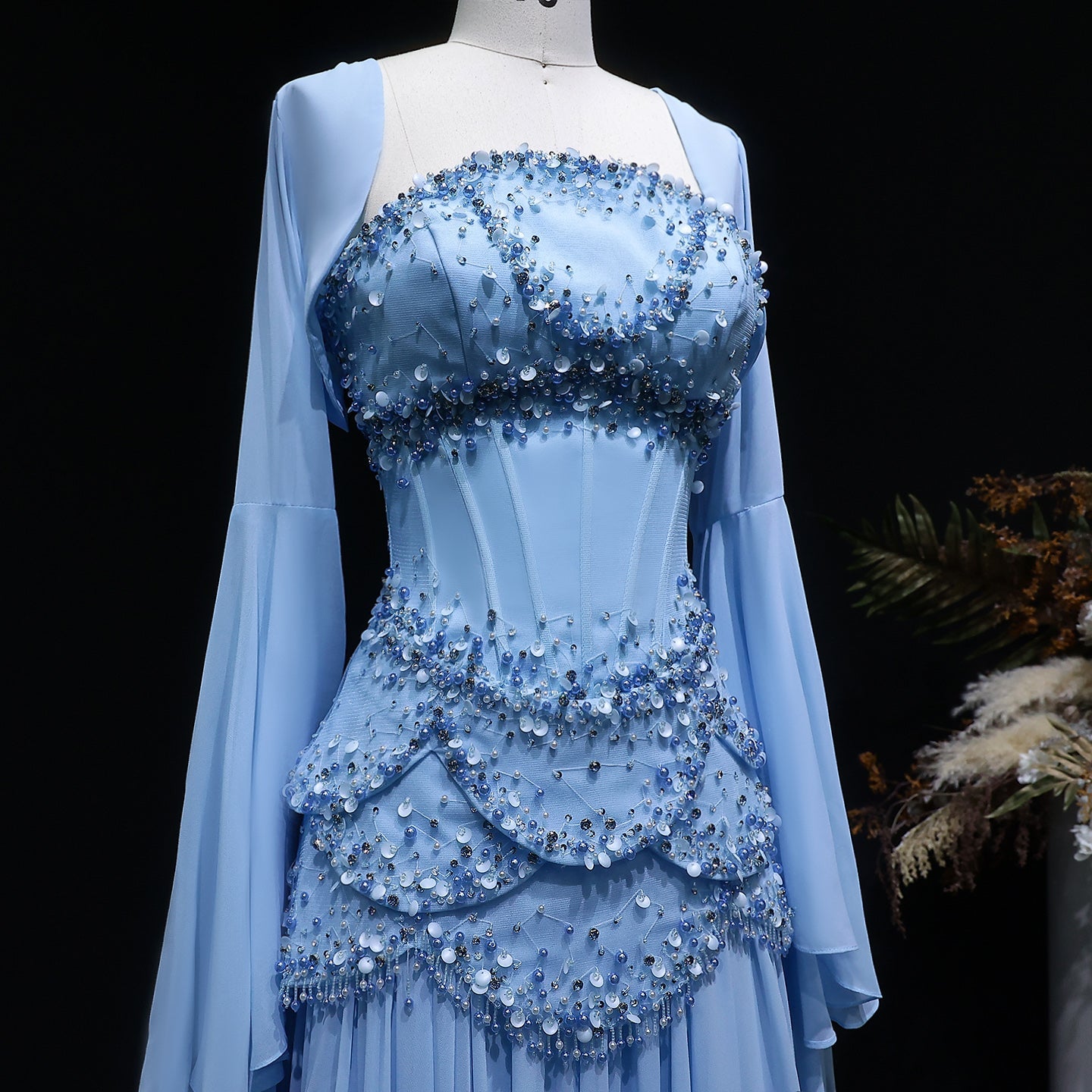 Luxury Sky Blue Beaded Formal Evening Gown with Bell Sleeves SS286 Sheer Fairy
