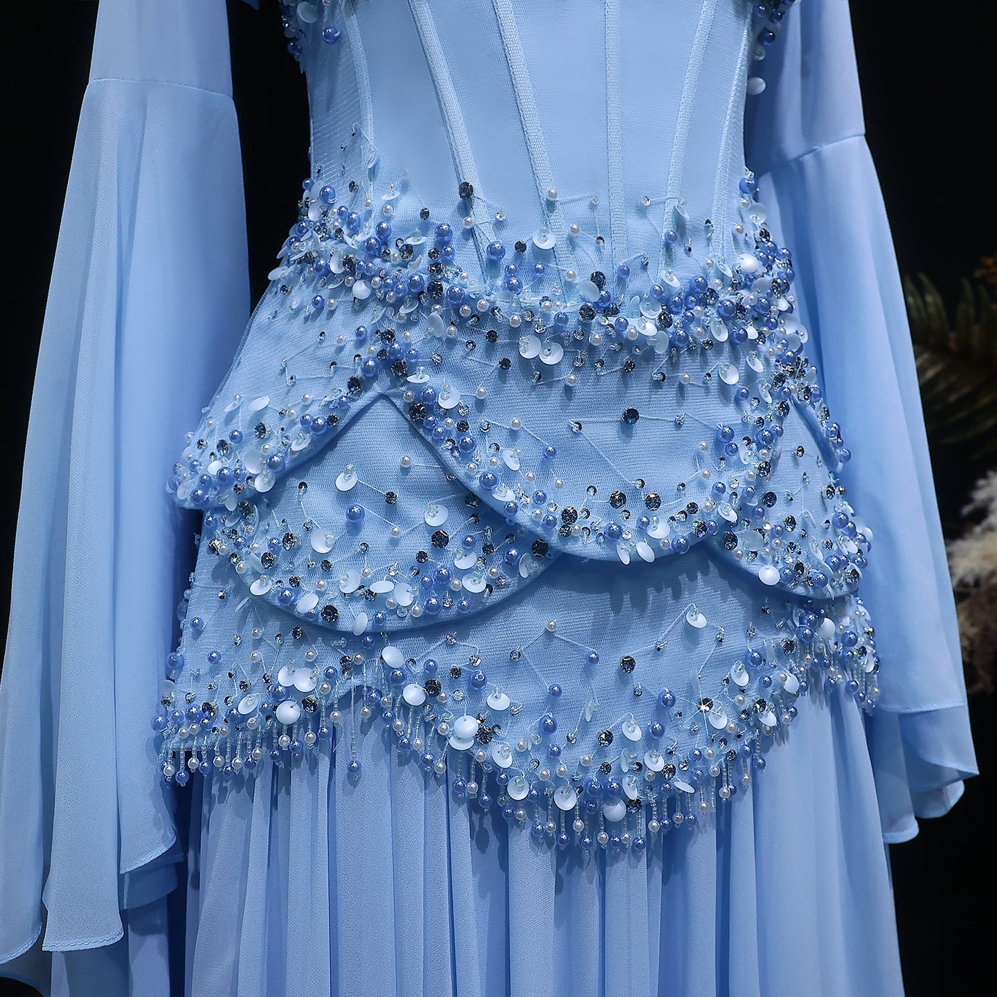 Luxury Sky Blue Beaded Formal Evening Gown with Bell Sleeves SS286 Sheer Fairy