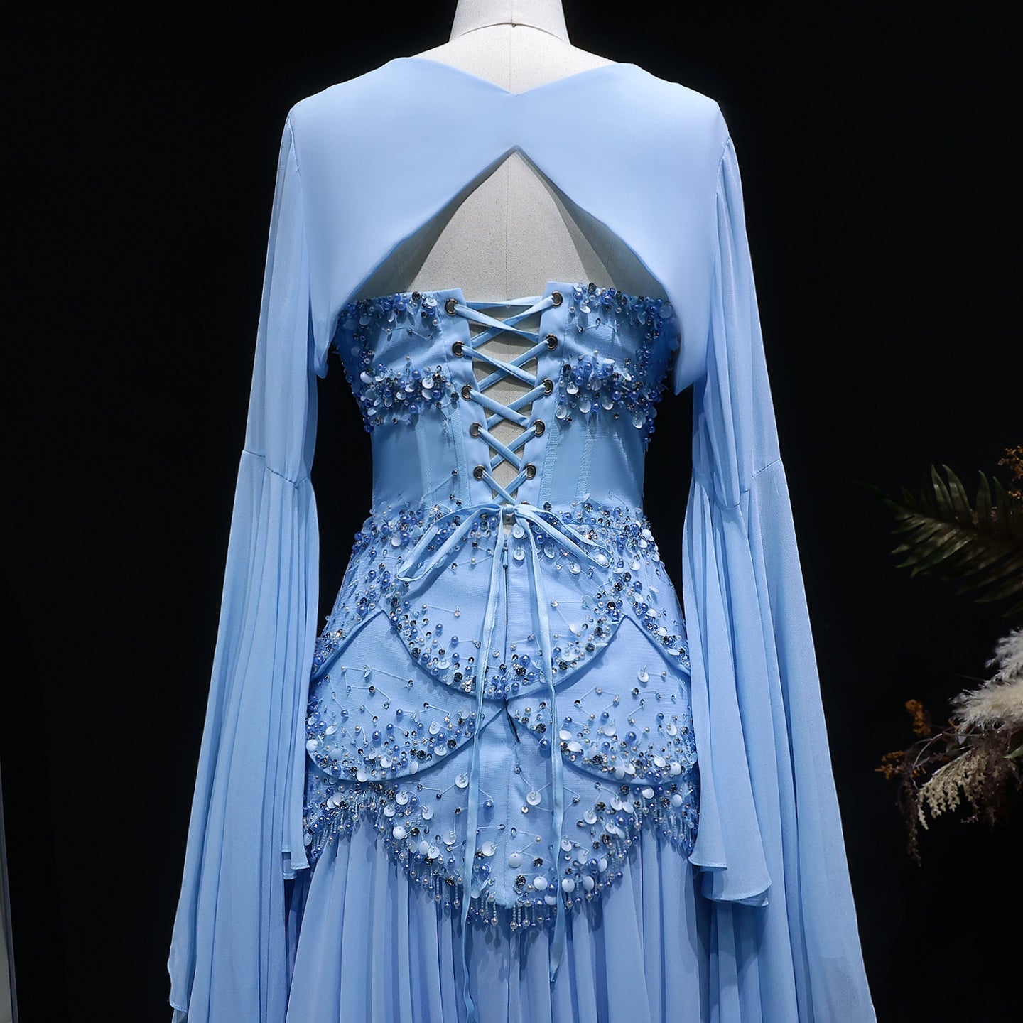 Luxury Sky Blue Beaded Formal Evening Gown with Bell Sleeves SS286 Sheer Fairy
