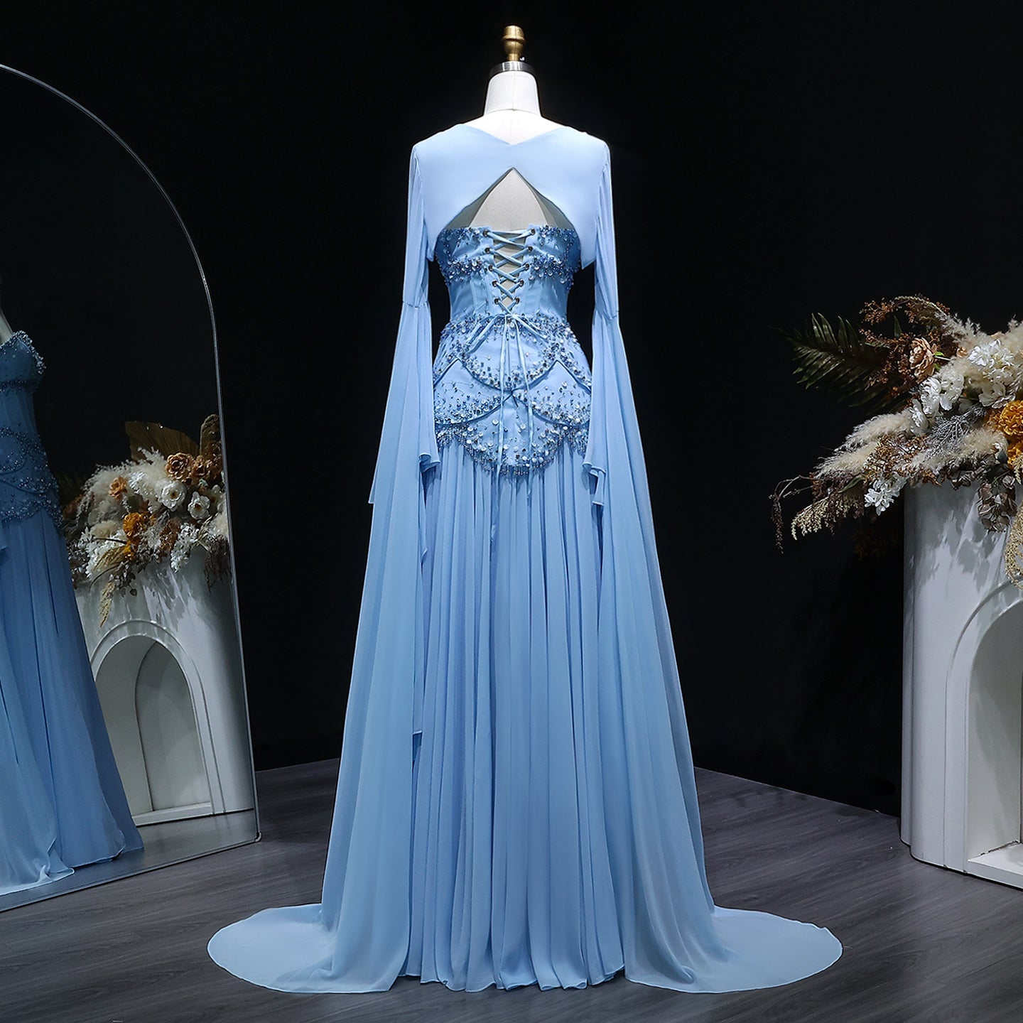 Luxury Sky Blue Beaded Formal Evening Gown with Bell Sleeves SS286 Sheer Fairy