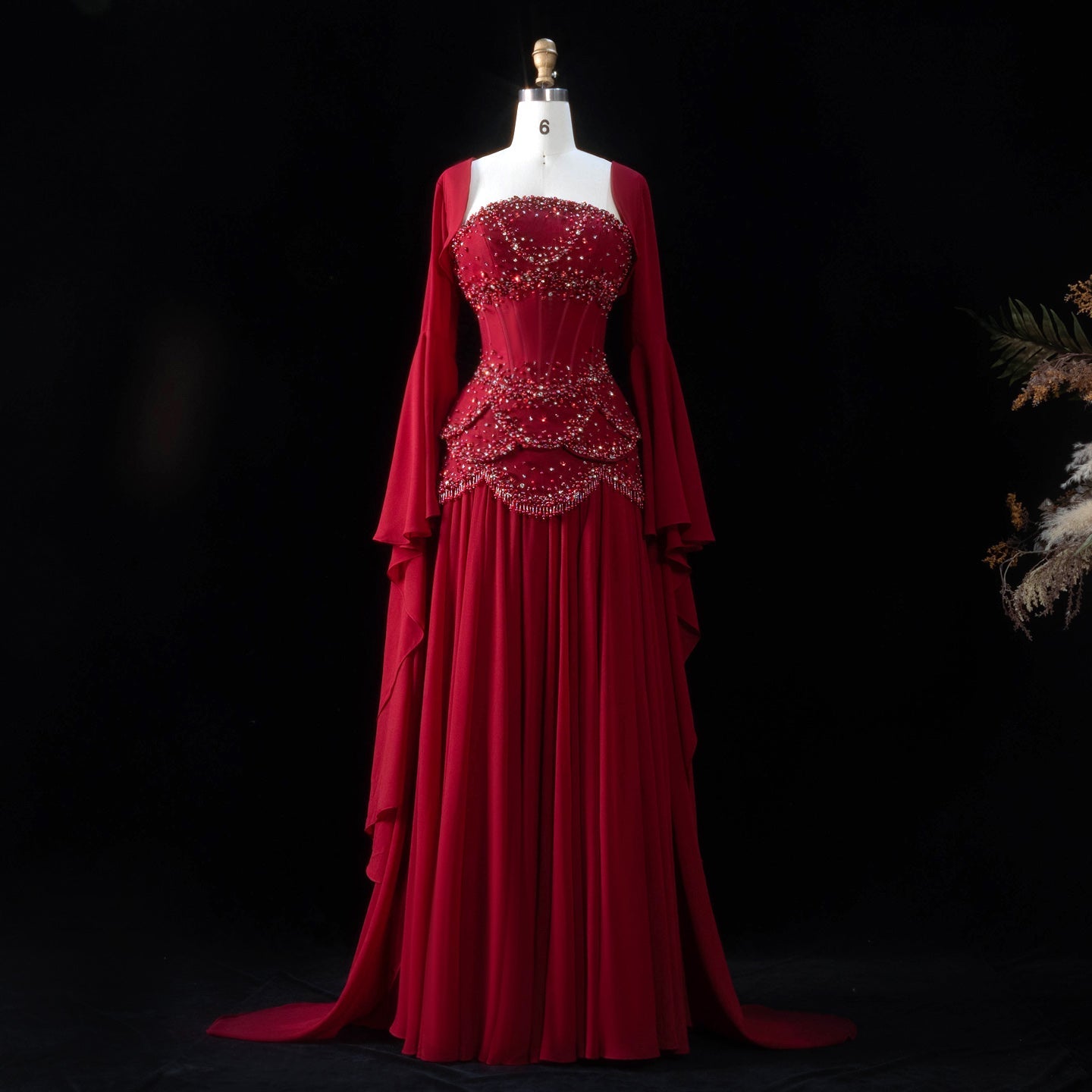 Luxury Blue Beaded Formal Evening Gown with Bell Sleeves SS286 Sheer Fairy