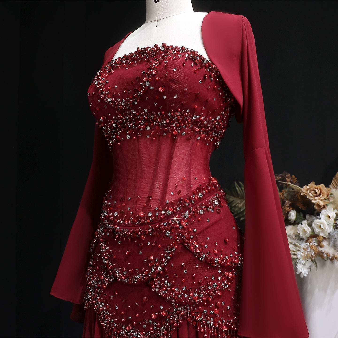 Luxury Sky Blue Beaded Formal Evening Gown with Bell Sleeves SS286 Sheer Fairy