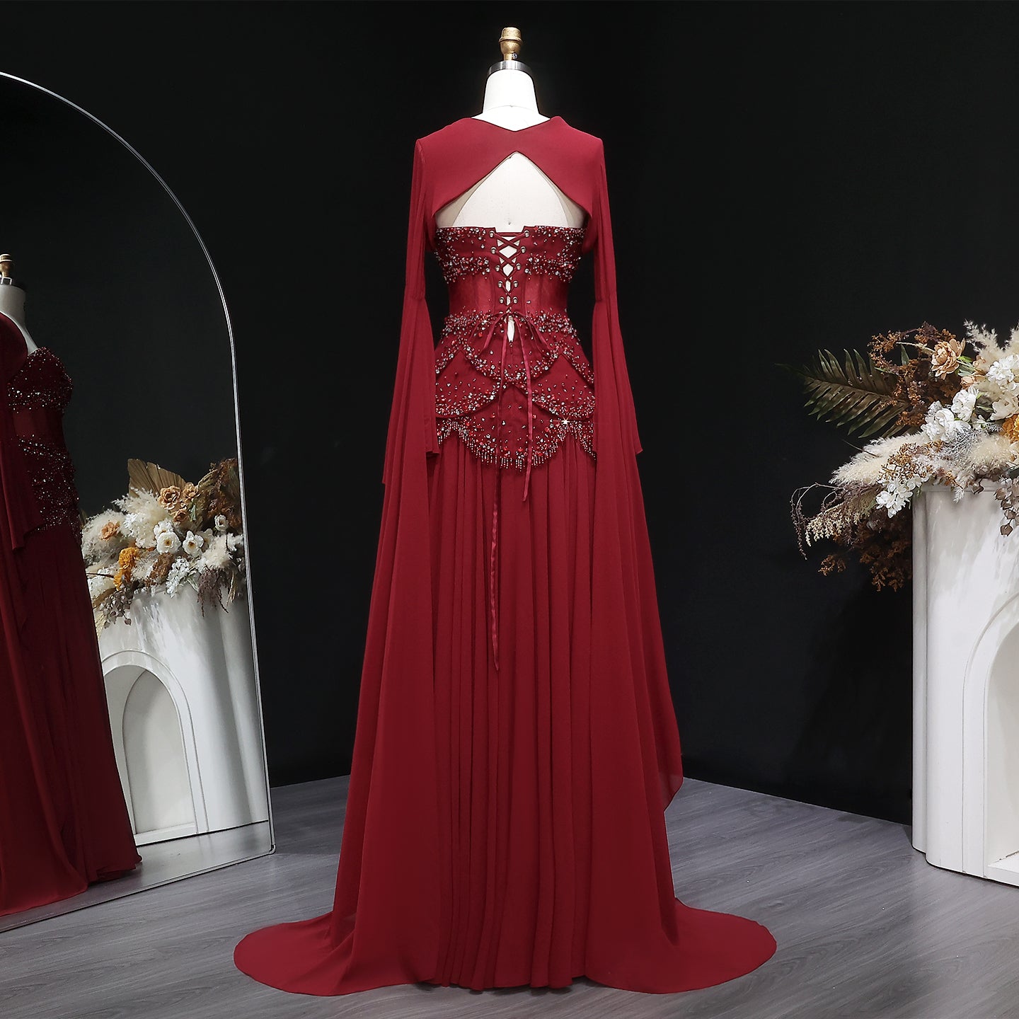 Luxury Sky Blue Beaded Formal Evening Gown with Bell Sleeves SS286 Sheer Fairy