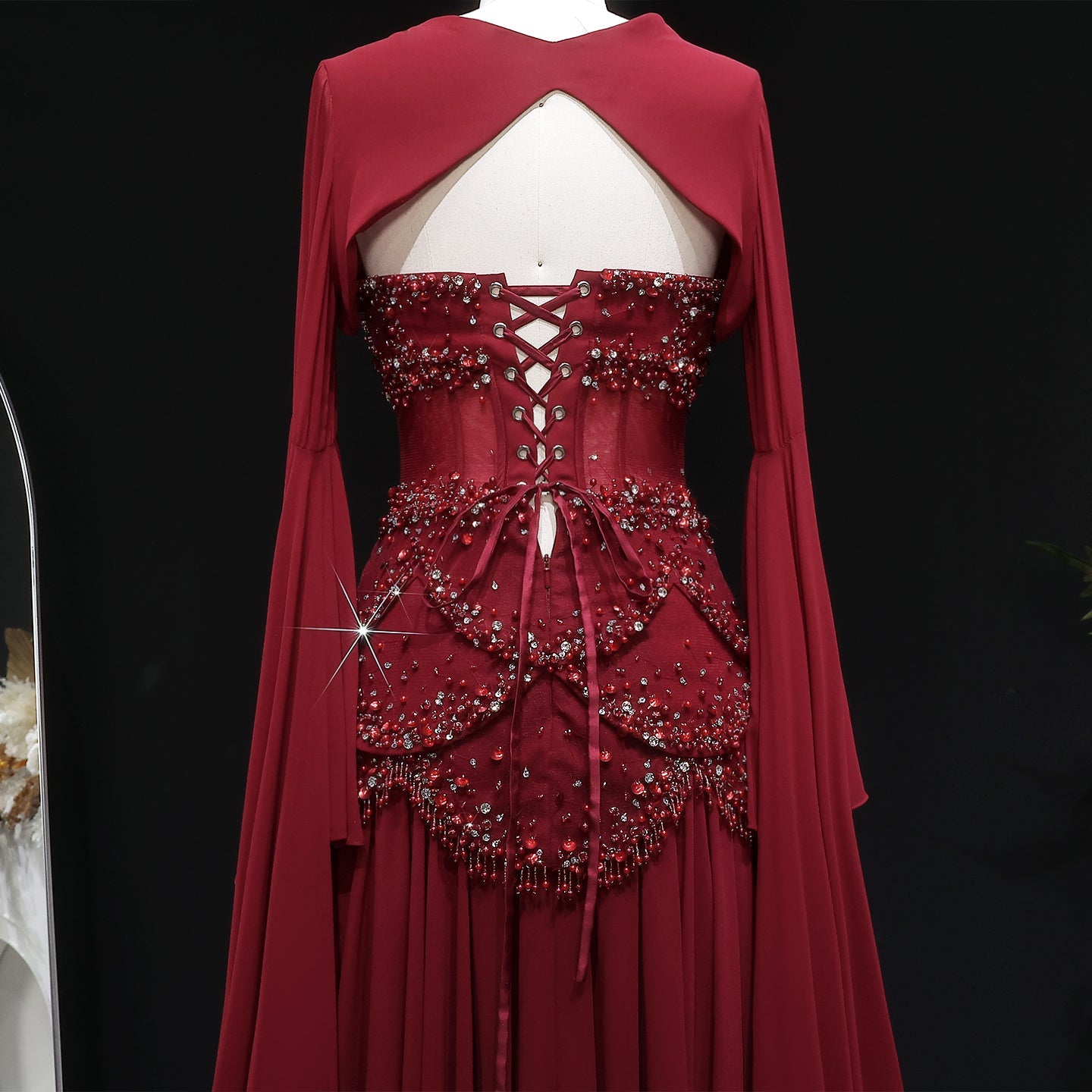 Luxury Blue Beaded Formal Evening Gown with Bell Sleeves SS286 Sheer Fairy