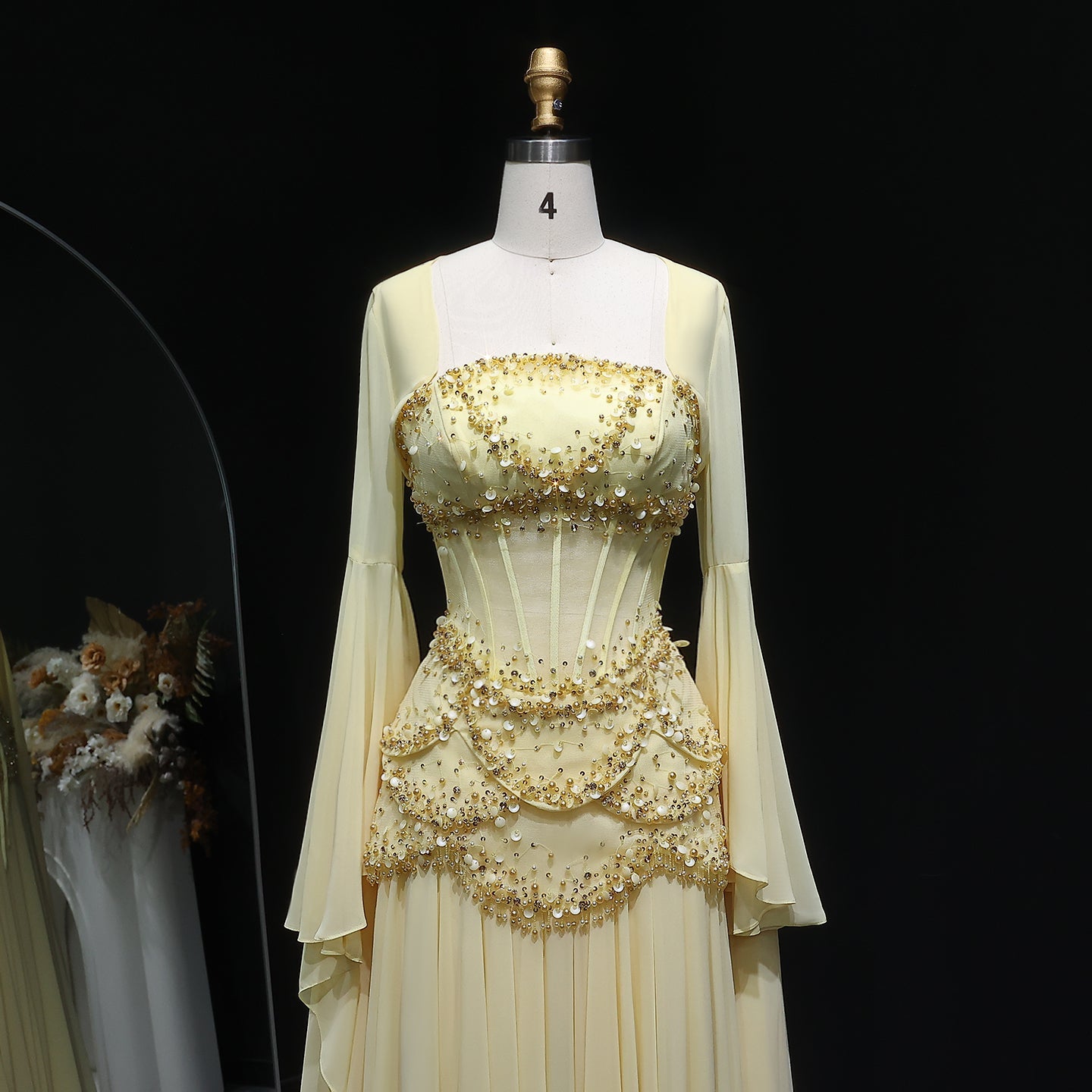 Luxury Sky Blue Beaded Formal Evening Gown with Bell Sleeves SS286 Sheer Fairy