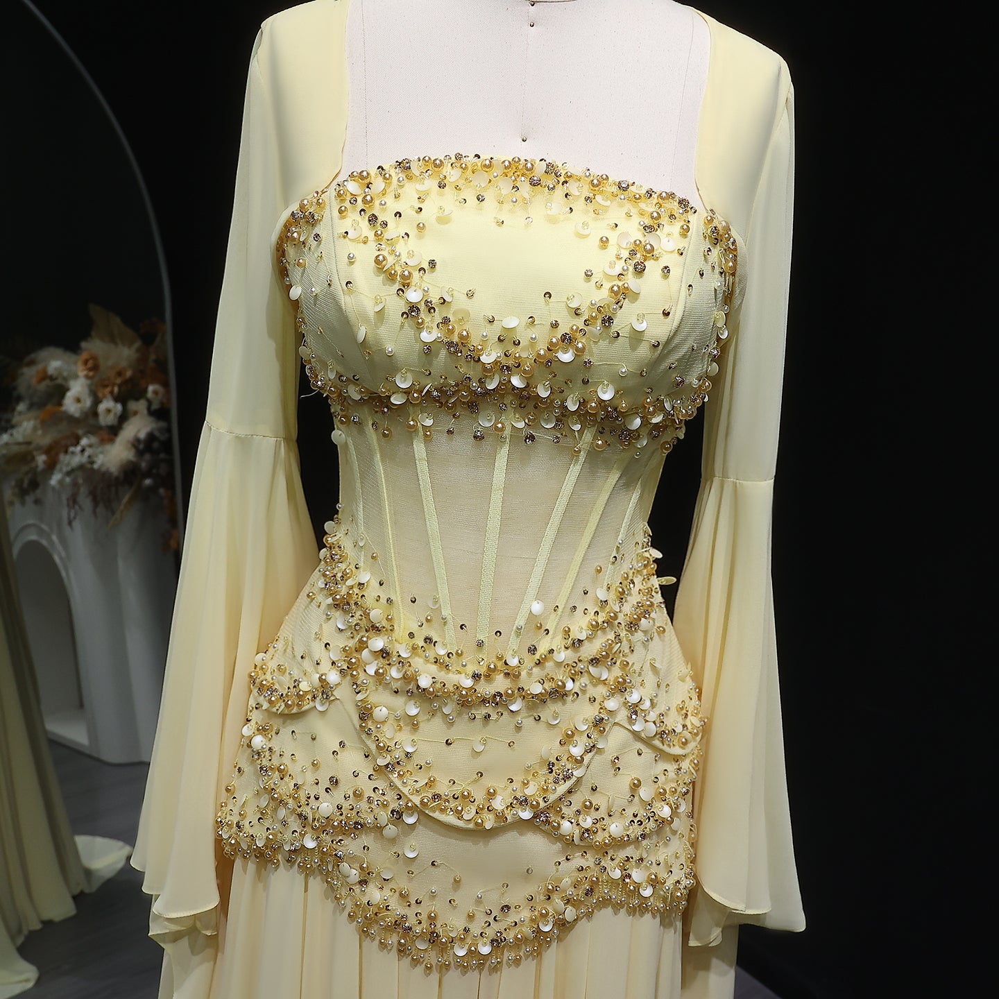 Luxury Sky Blue Beaded Formal Evening Gown with Bell Sleeves SS286 Sheer Fairy