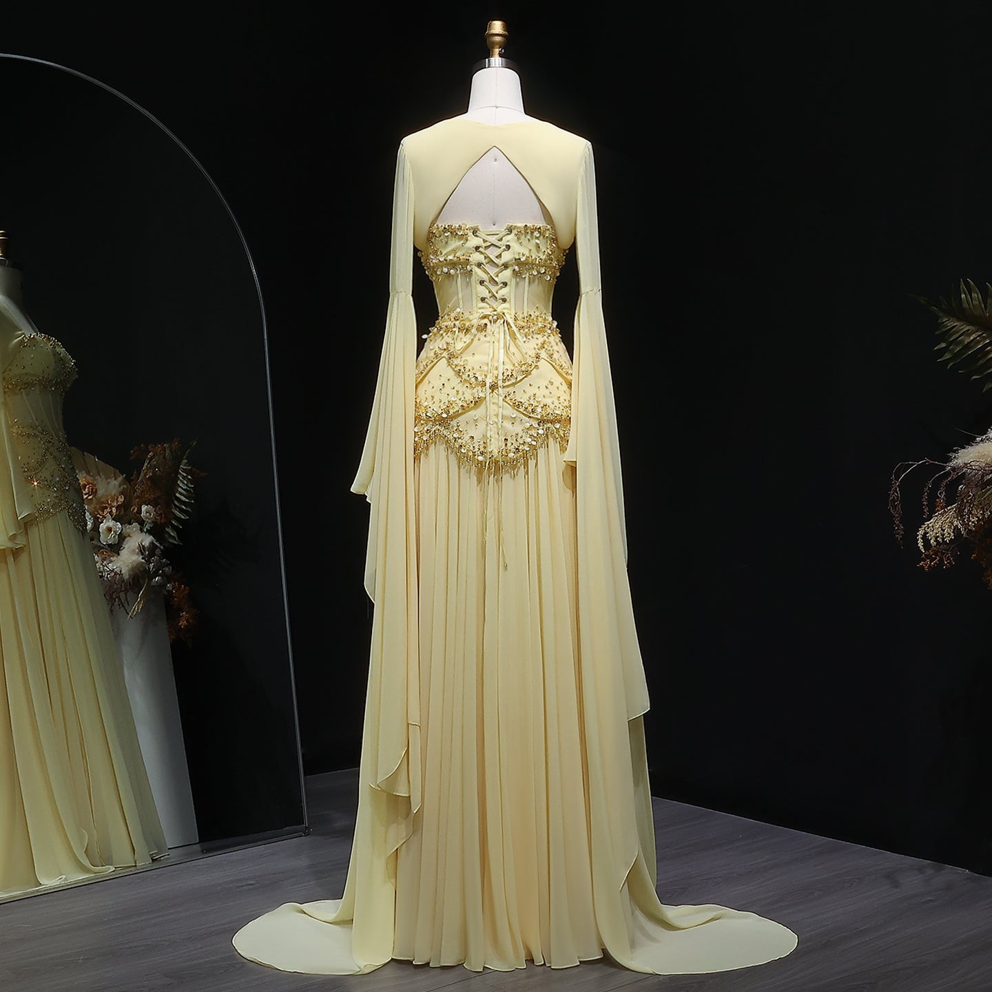 Luxury Sky Blue Beaded Formal Evening Gown with Bell Sleeves SS286 Sheer Fairy