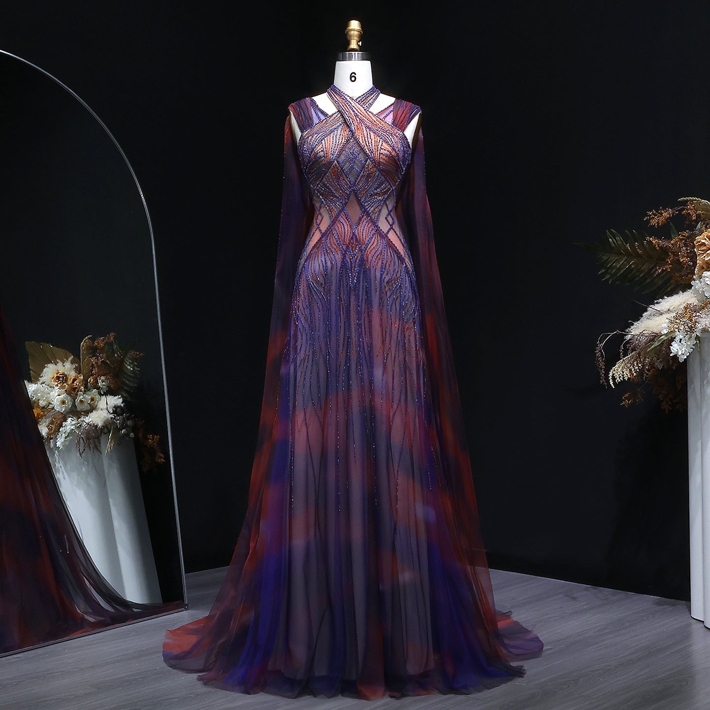Luxury Ombre Purple Orange Beaded Mermaid Evening Dress with Cape SS297 Sheer Fairy