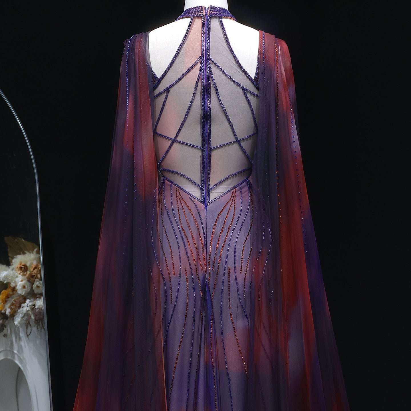 Luxury Ombre Purple Orange Beaded Mermaid Evening Dress with Cape SS297 Sheer Fairy