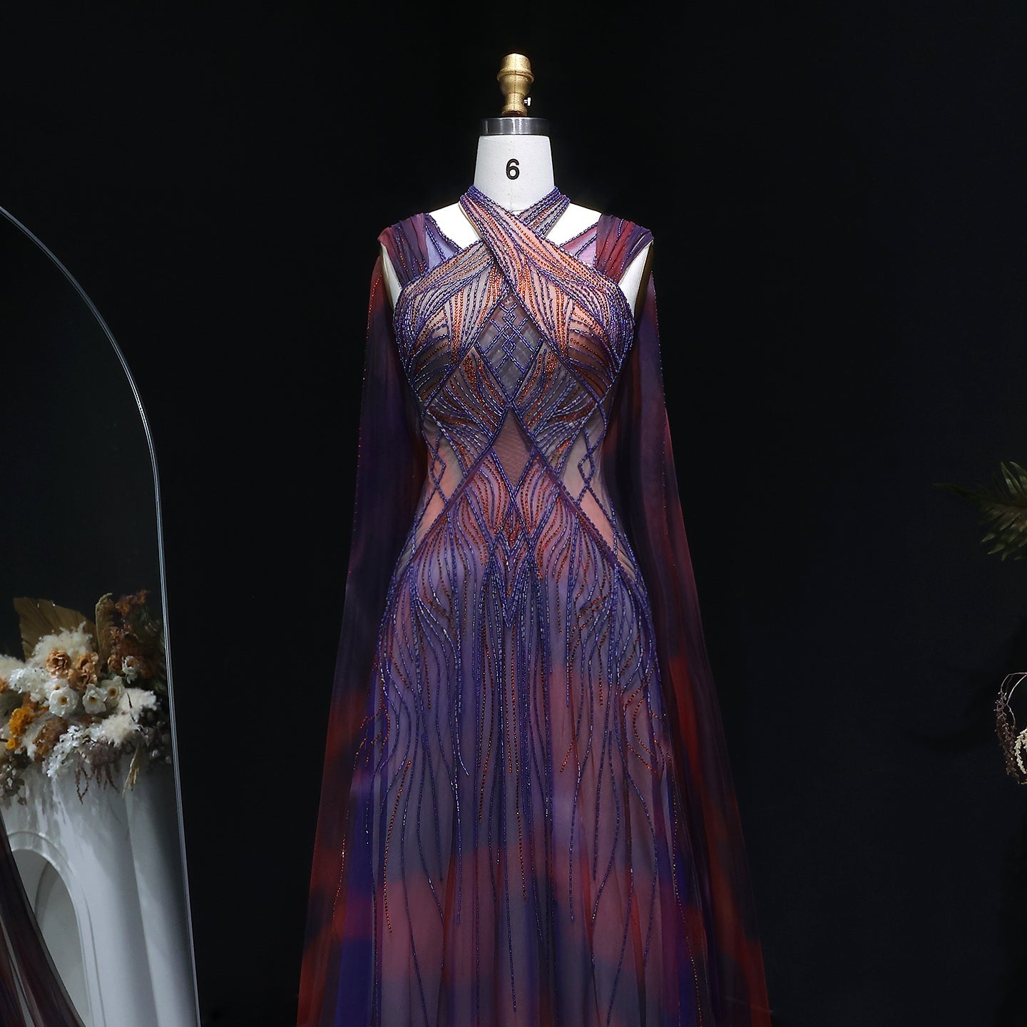 Luxury Ombre Purple Orange Beaded Mermaid Evening Dress with Cape SS297 Sheer Fairy