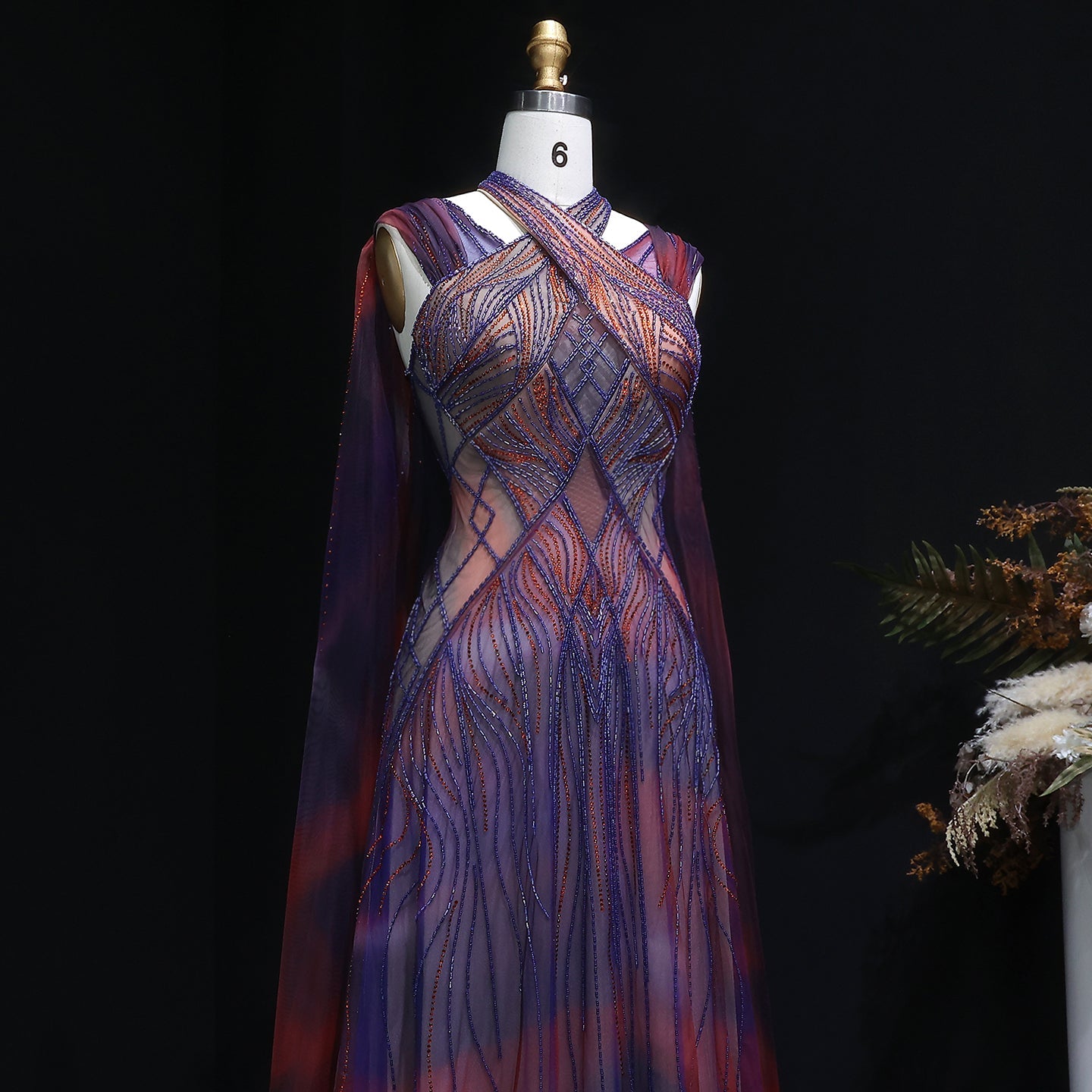 Luxury Ombre Purple Orange Beaded Mermaid Evening Dress with Cape SS297 Sheer Fairy