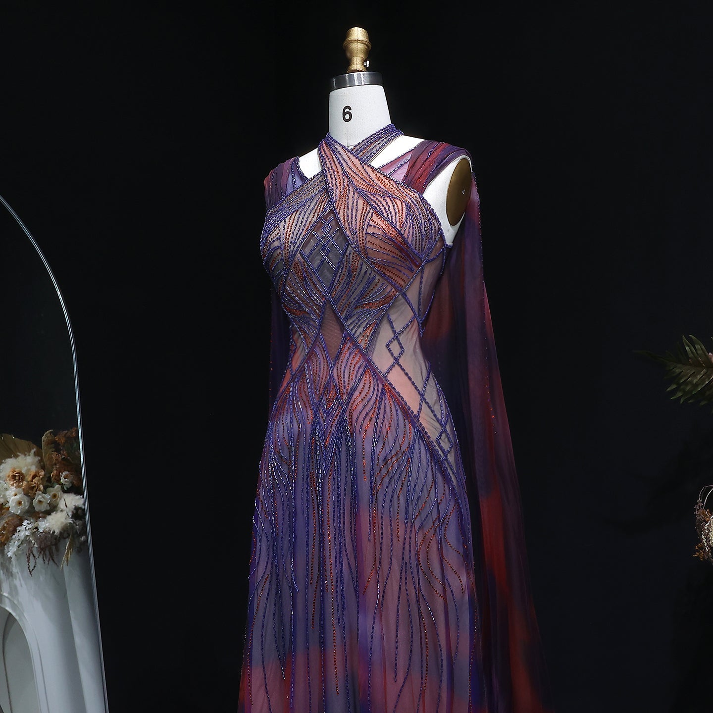 Luxury Ombre Purple Orange Beaded Mermaid Evening Dress with Cape SS297 Sheer Fairy