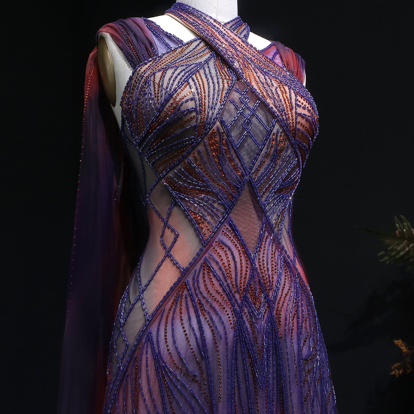 Luxury Ombre Purple Orange Beaded Mermaid Evening Dress with Cape SS297 Sheer Fairy
