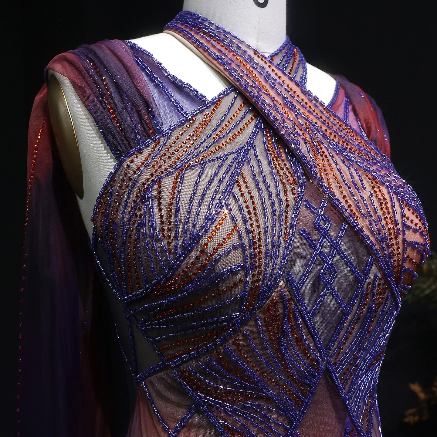 Luxury Ombre Purple Orange Beaded Mermaid Evening Dress with Cape SS297 Sheer Fairy
