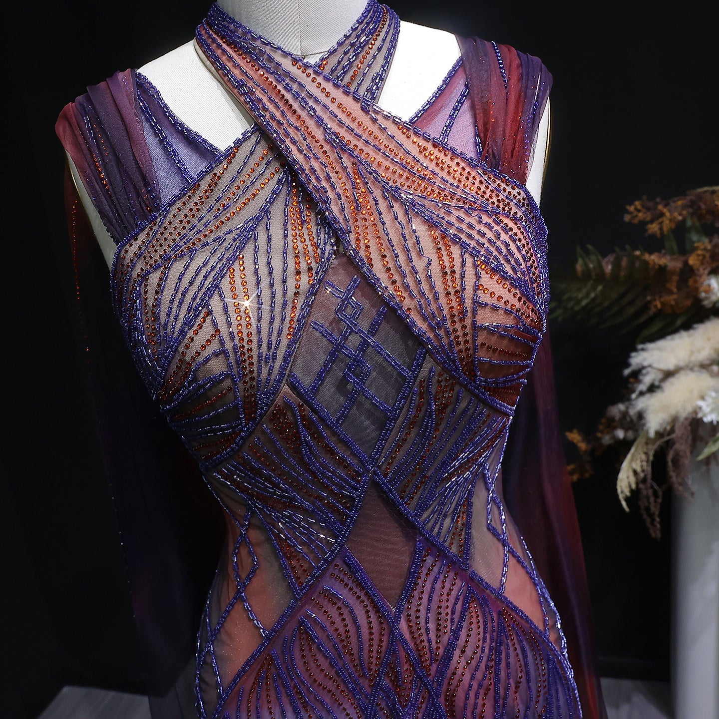 Luxury Ombre Purple Orange Beaded Mermaid Evening Dress with Cape SS297 Sheer Fairy