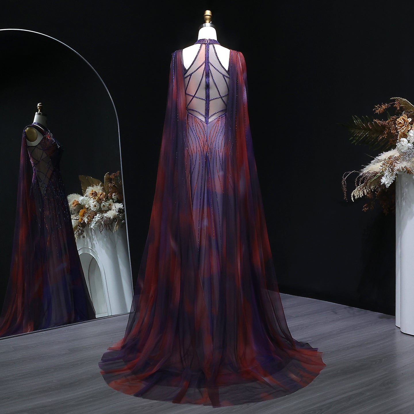 Luxury Ombre Purple Orange Beaded Mermaid Evening Dress with Cape SS297 Sheer Fairy