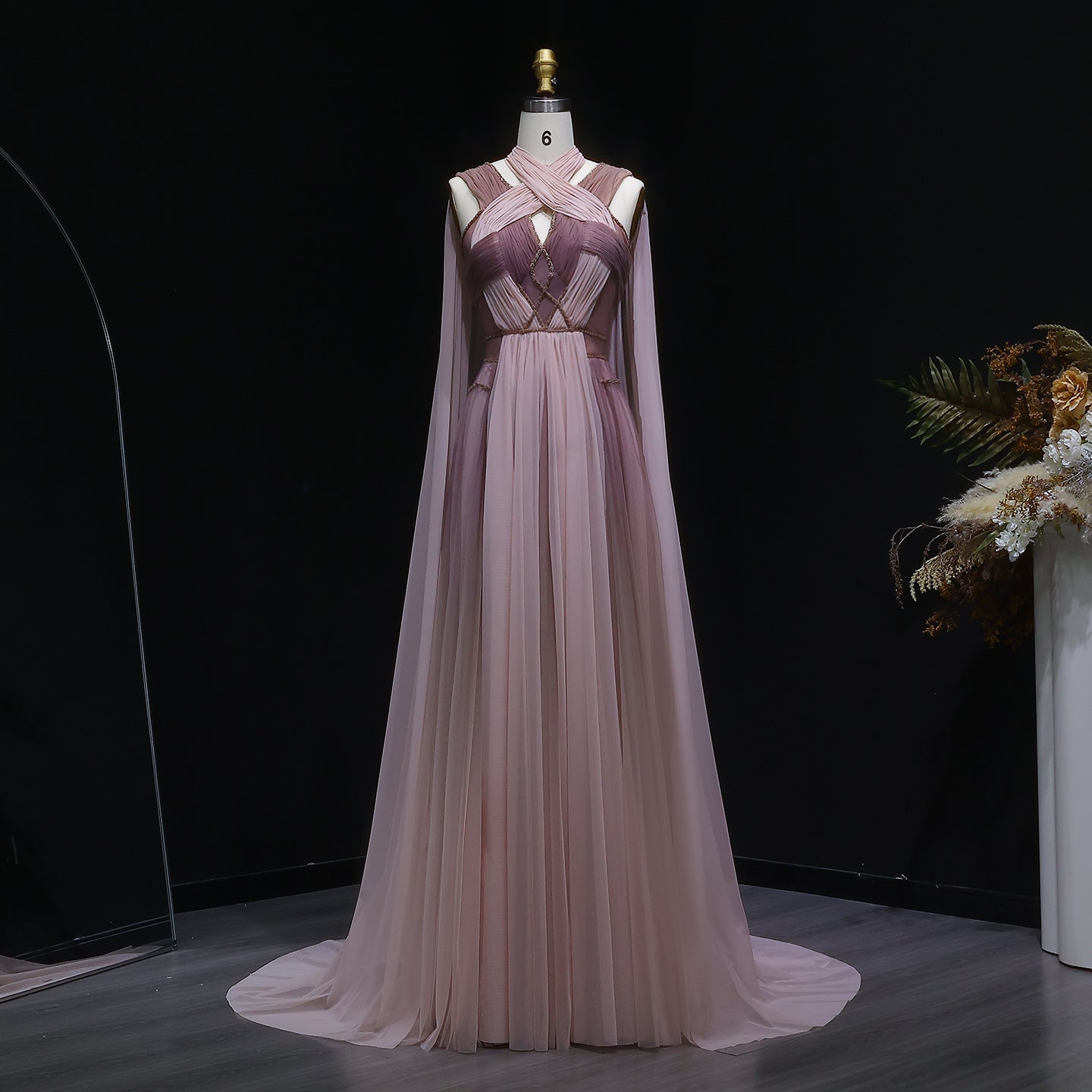 Ombre Pink Chiffon Long Evening Dress with Cape Sleeves SS309 Sheer Fairy