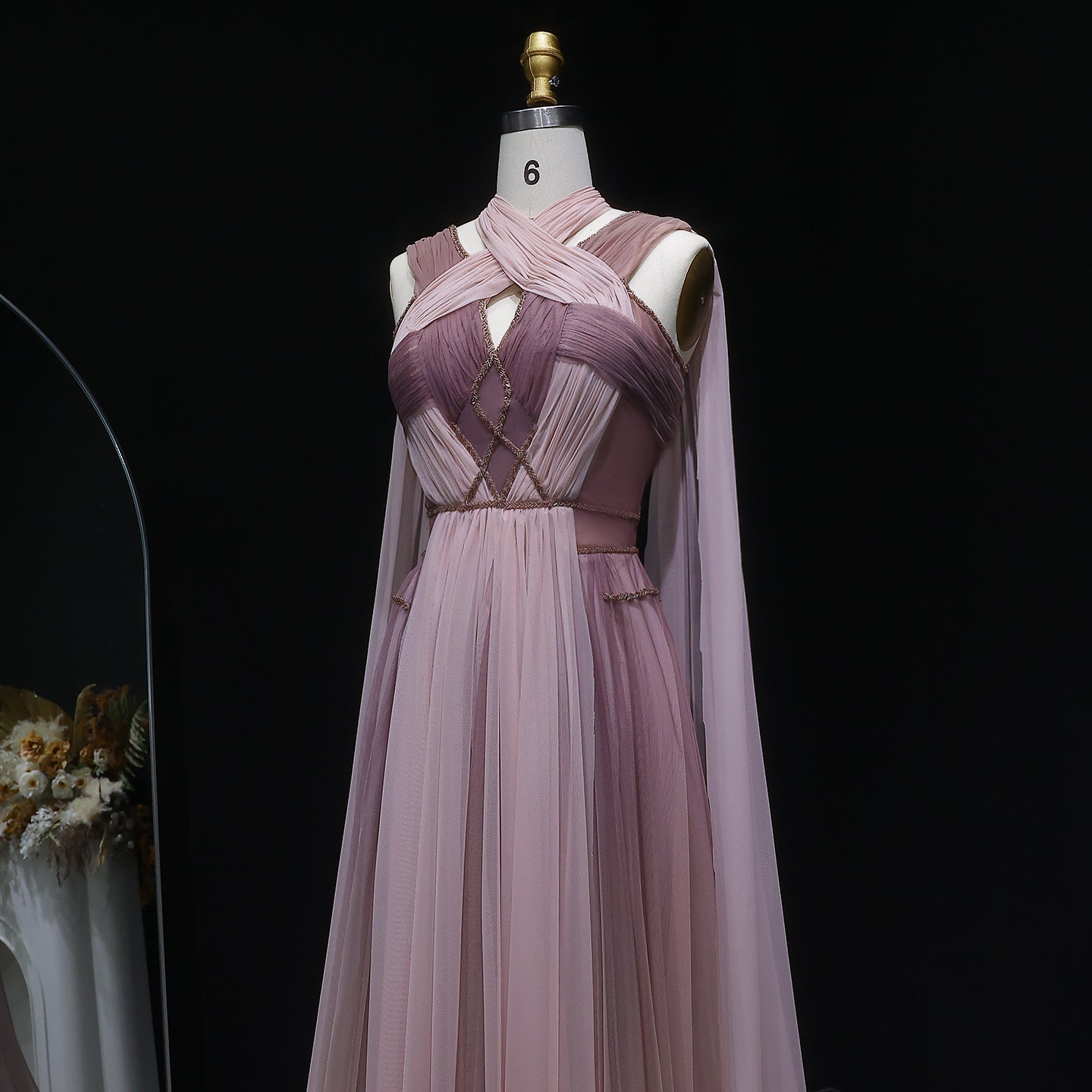 Ombre Pink Chiffon Long Evening Dress with Cape Sleeves SS309 Sheer Fairy