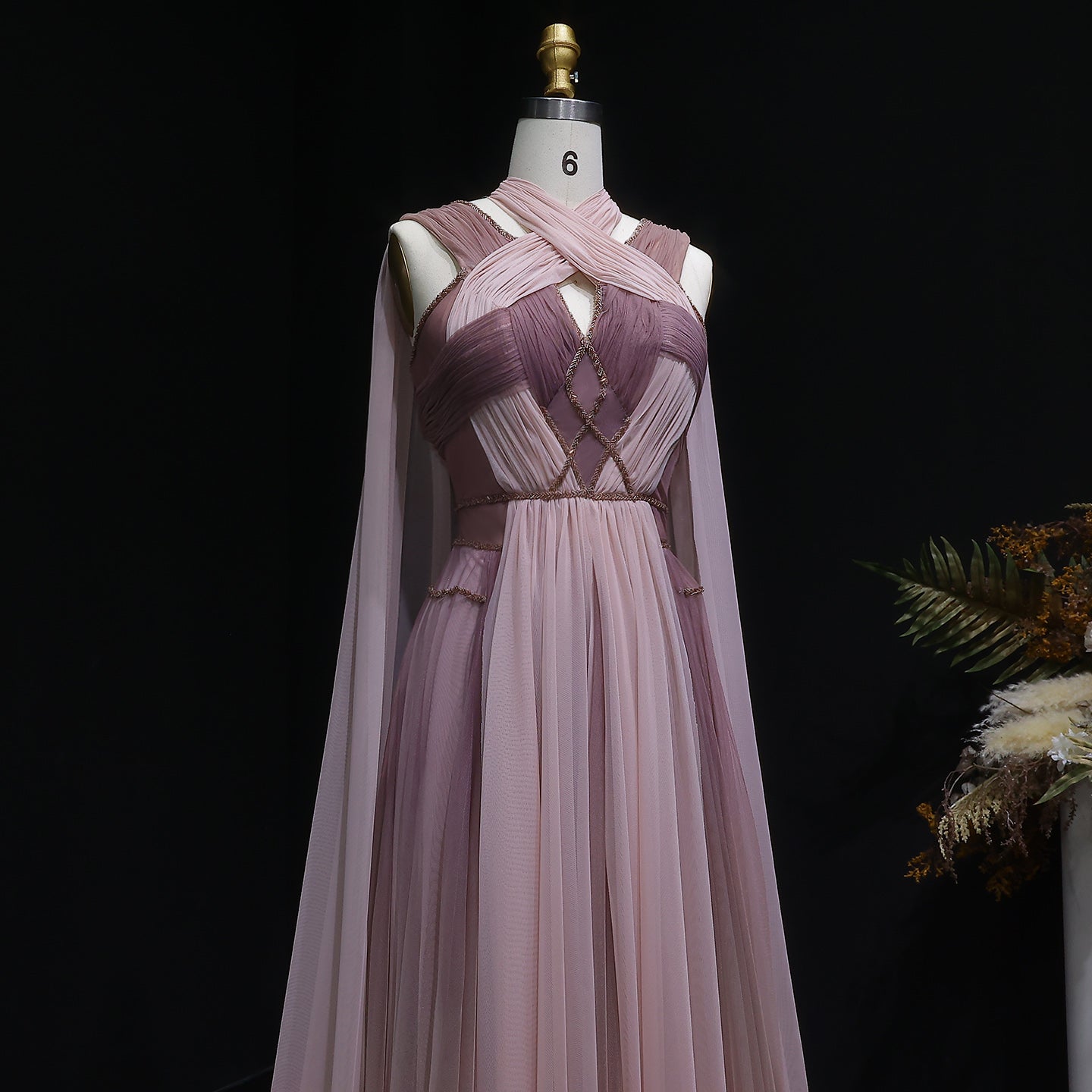 Ombre Pink Chiffon Long Evening Dress with Cape Sleeves SS309 Sheer Fairy