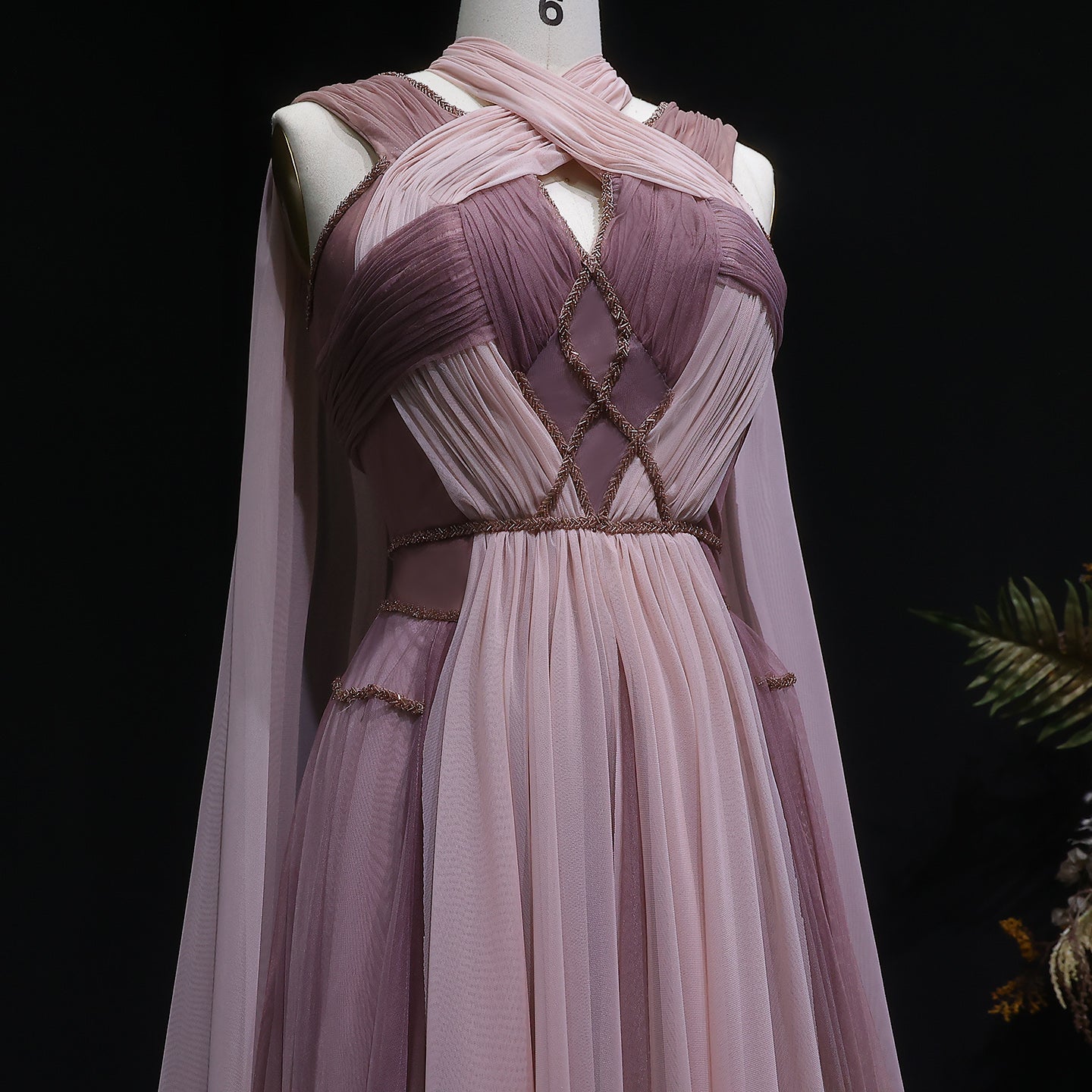 Ombre Pink Chiffon Long Evening Dress with Cape Sleeves SS309 Sheer Fairy