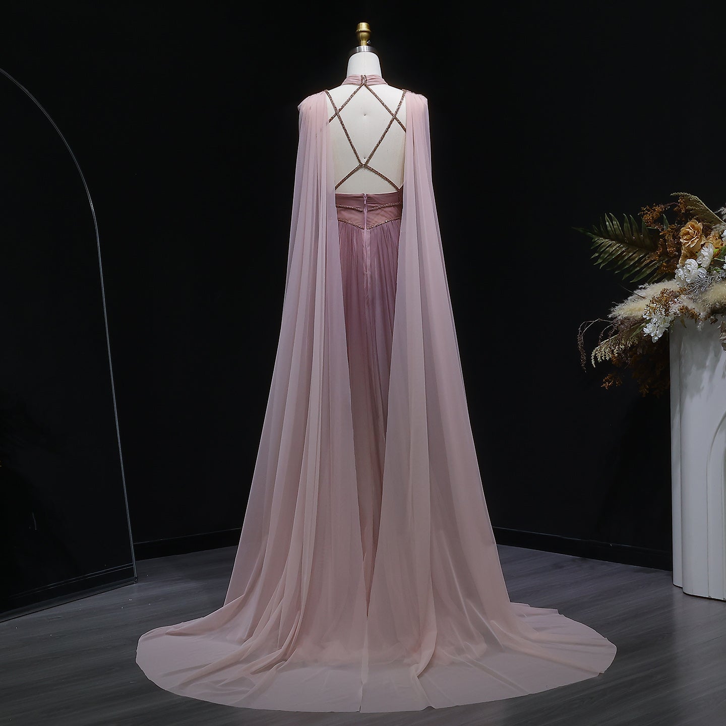 Ombre Pink Chiffon Long Evening Dress with Cape Sleeves SS309 Sheer Fairy